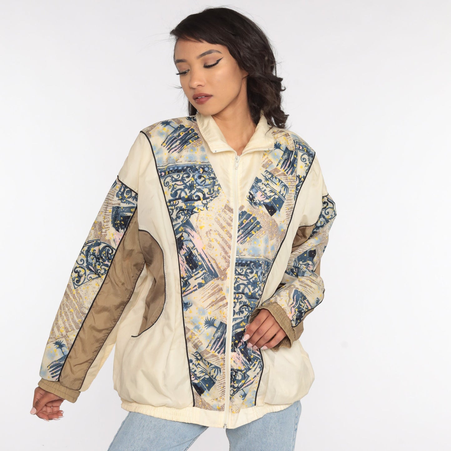 90s Windbreaker Jacket Cream Abstract Print Nylon Extra Large XL