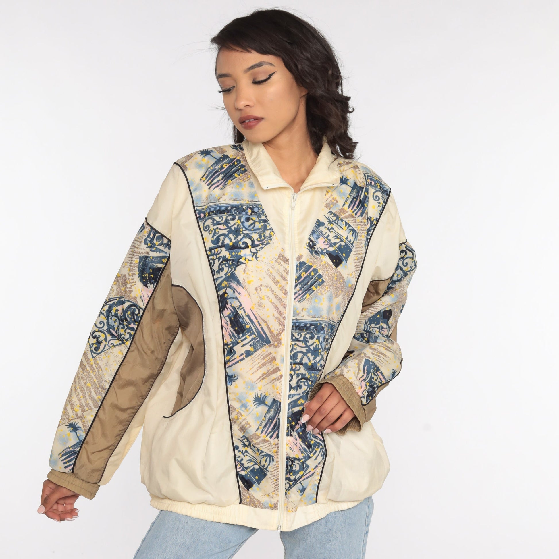 90s Windbreaker Jacket Cream Abstract Print Nylon Extra Large XL