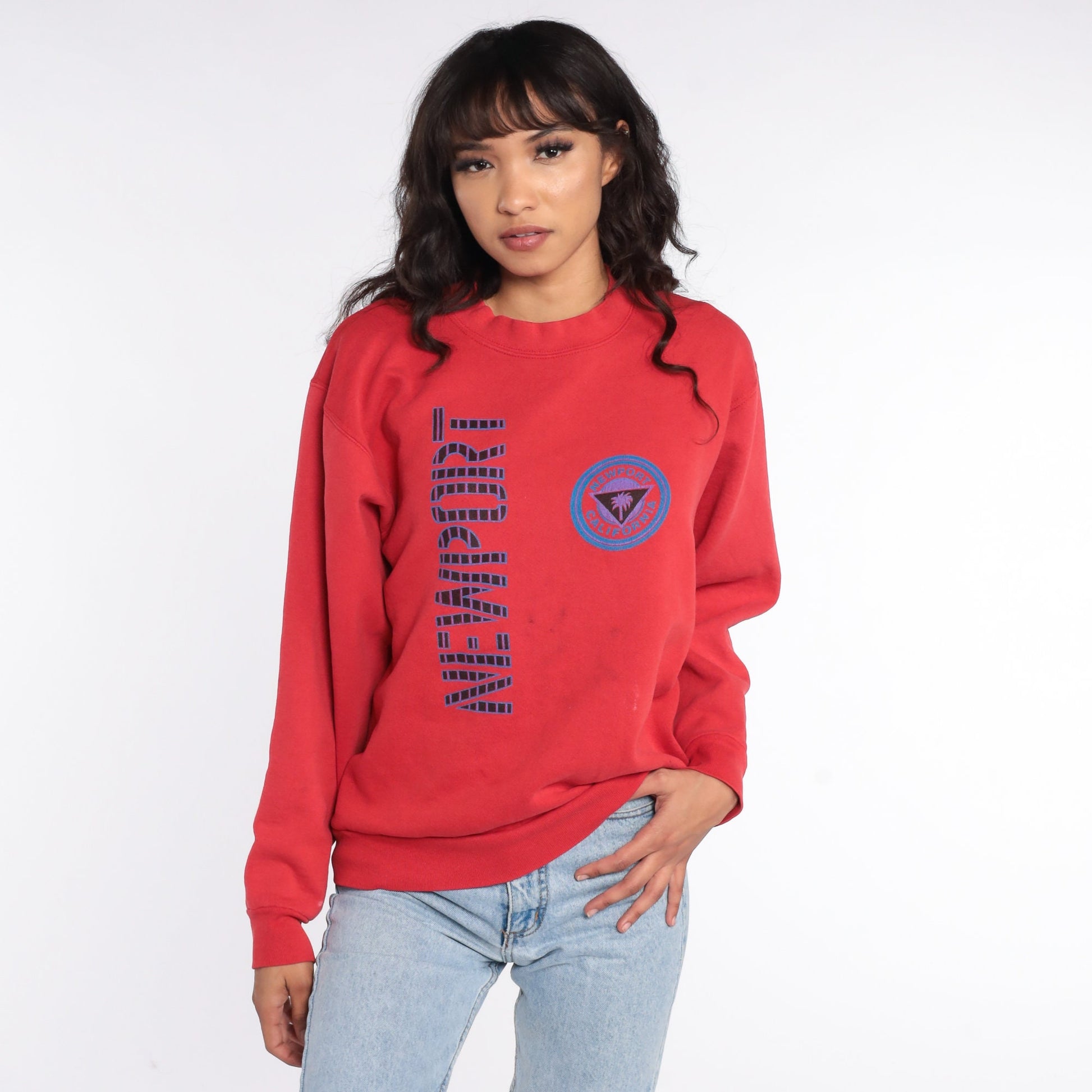 90s Newport Beach California Sweatshirt Red Graphic Crewneck Medium