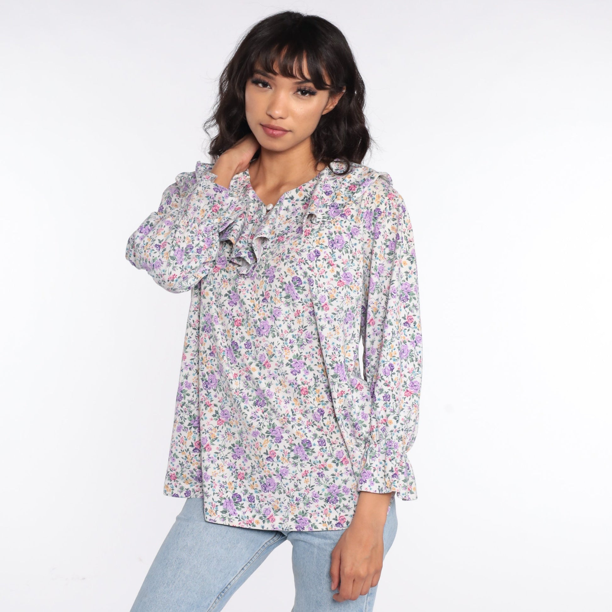 80s Floral Tuxedo Blouse Purple Ruffle Long Sleeve Medium