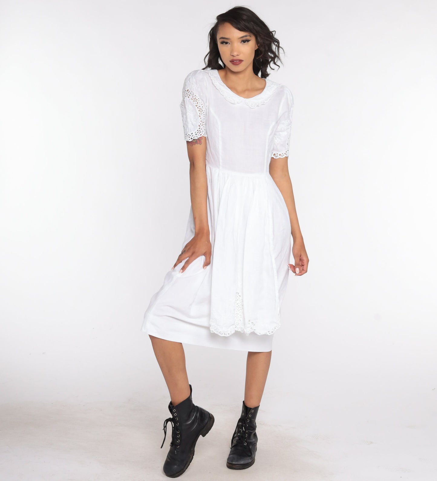 1970s White Linen Cotton Midi Dress Peter Pan Collar Puff Sleeve Small