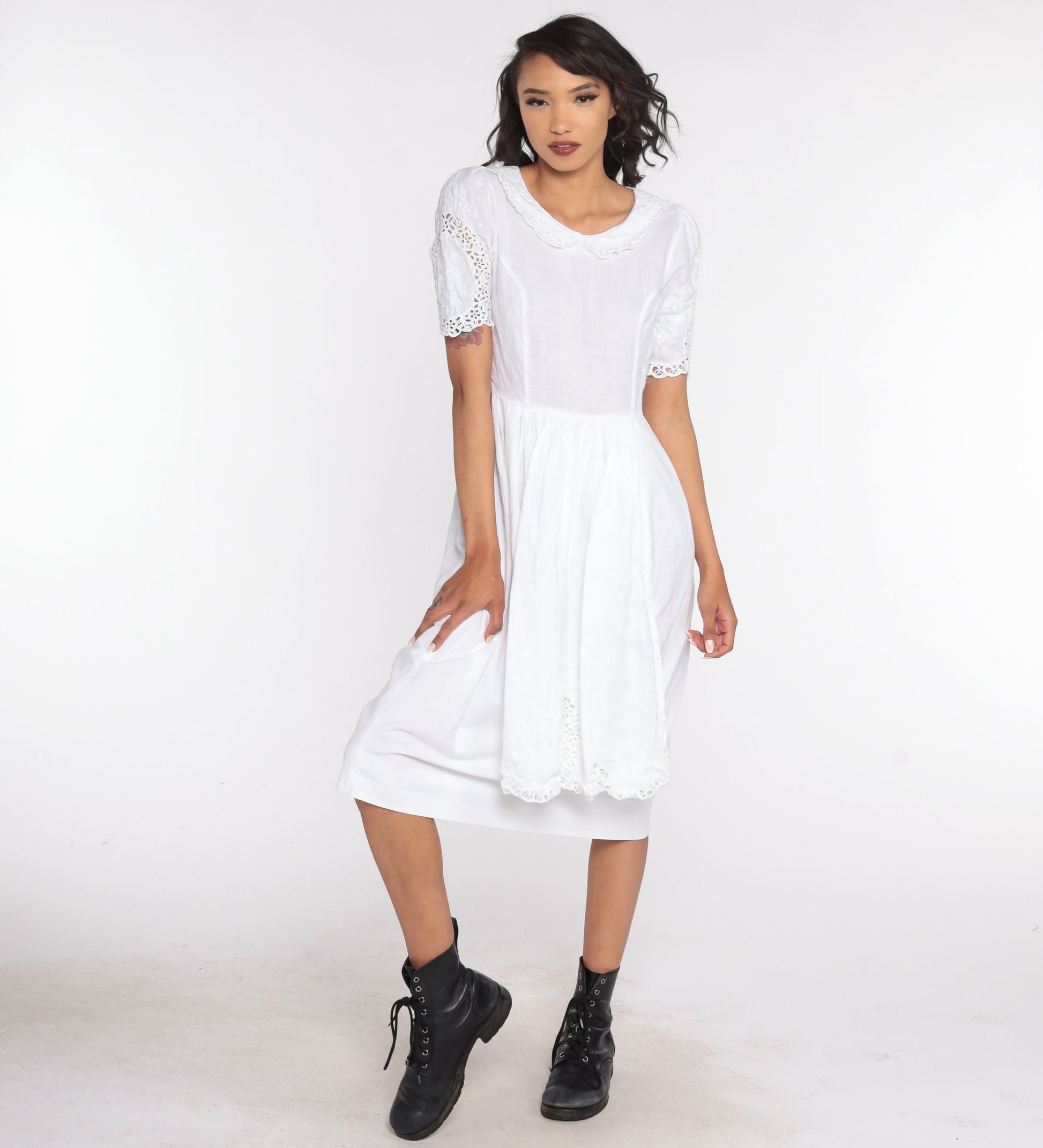 1970s White Linen Cotton Midi Dress Peter Pan Collar Puff Sleeve Small