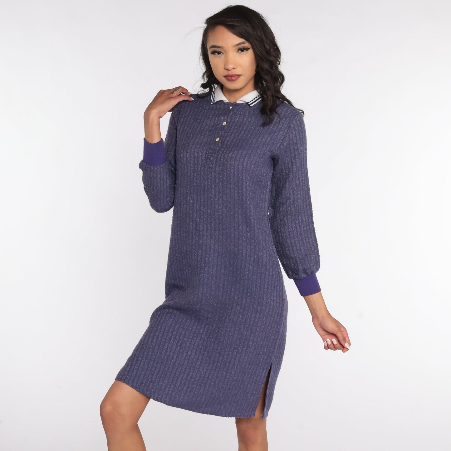 80s Purple Terry Cloth Polo Dress Knee-Length White Collar Small
