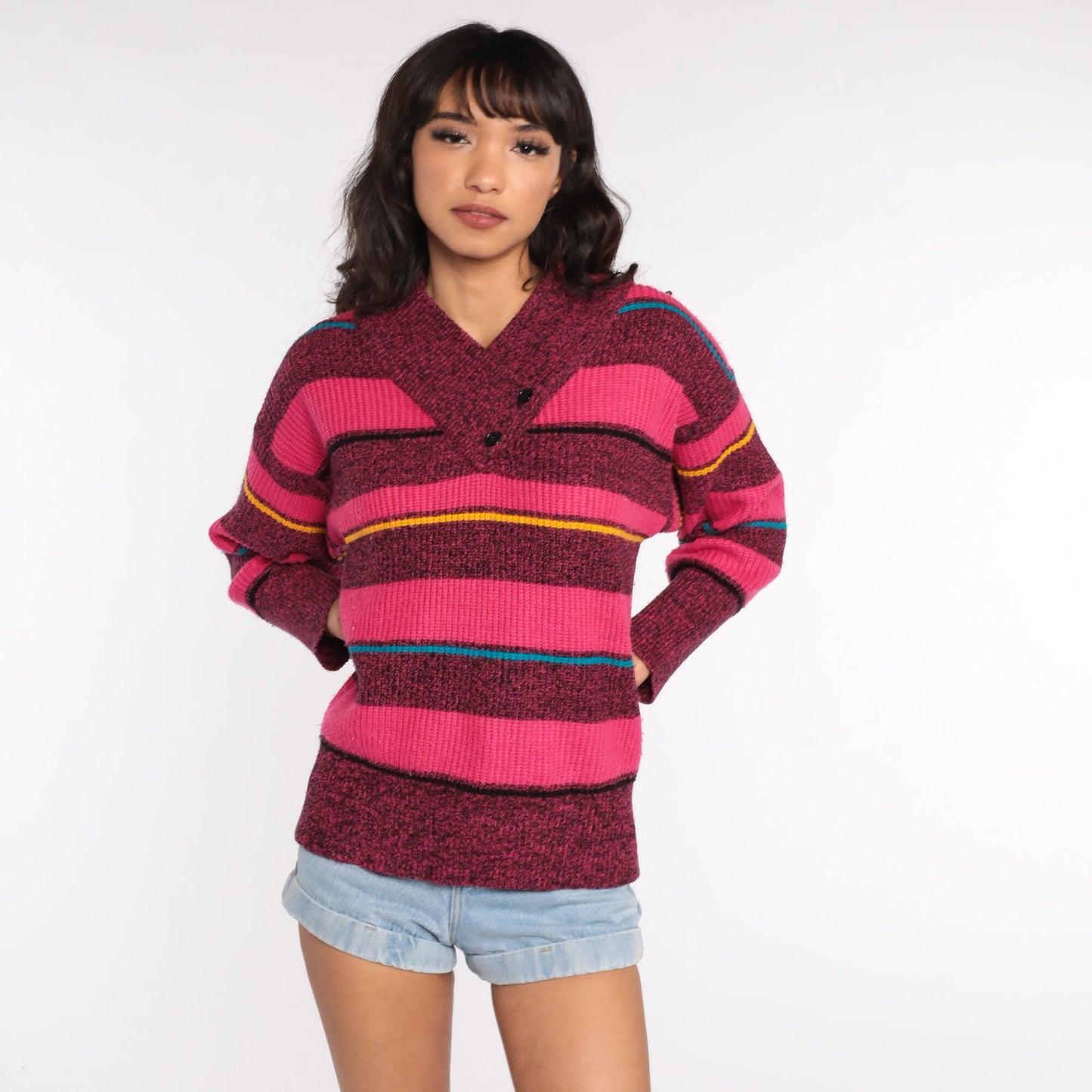 80s Gitano Striped V-Neck Sweater Hot Pink Pullover Medium