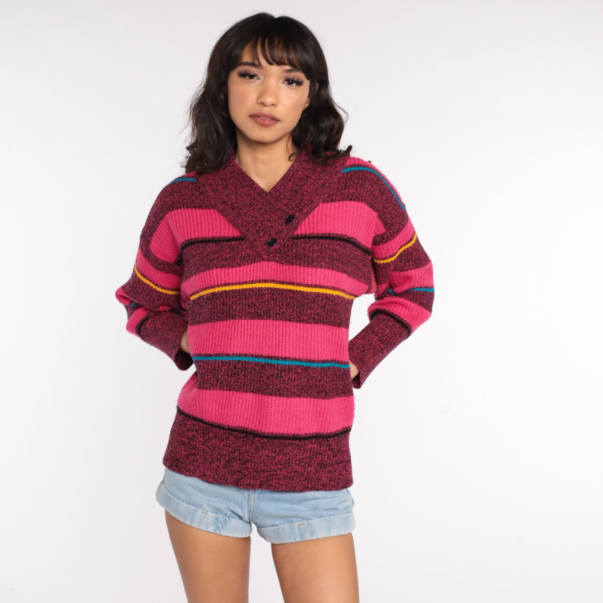80s Gitano Striped V-Neck Sweater Hot Pink Pullover Medium