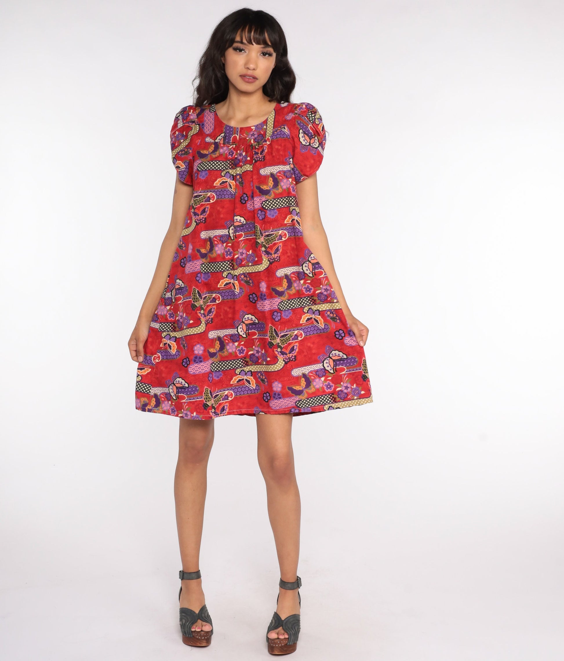 80s Butterfly Psychedelic Mini Dress Puff Sleeve Cotton Red Small