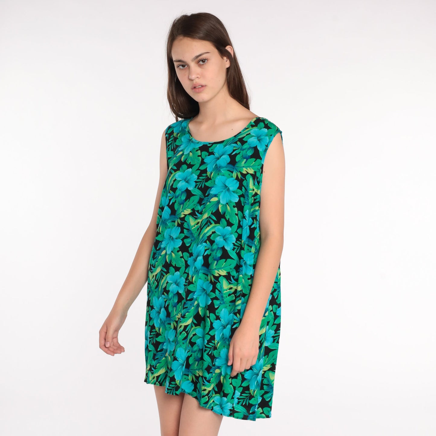 90s Tropical Floral Mini Dress Shift Sleeveless Rayon Extra Large XXL