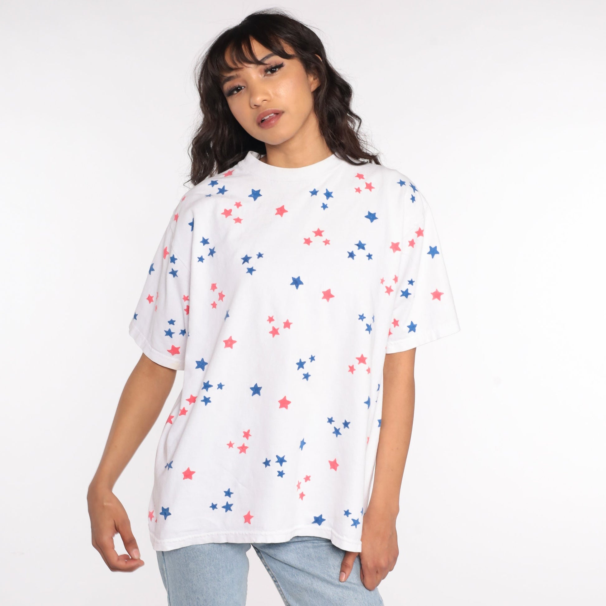 80s Star Print T-Shirt Red White Blue Geometric All Over Graphic Cotton Large