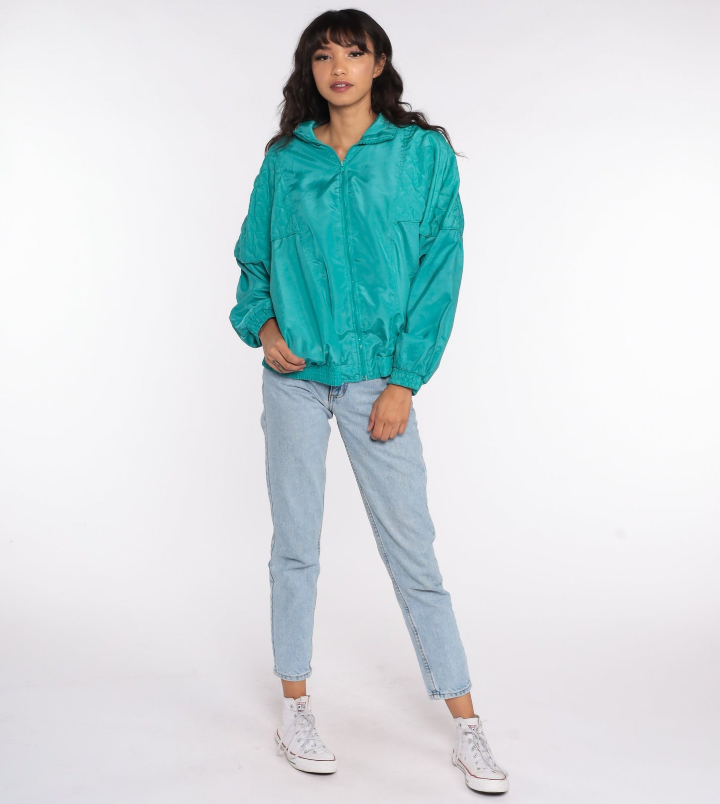 80s Turquoise Quilted Windbreaker Jacket Zip Up Large