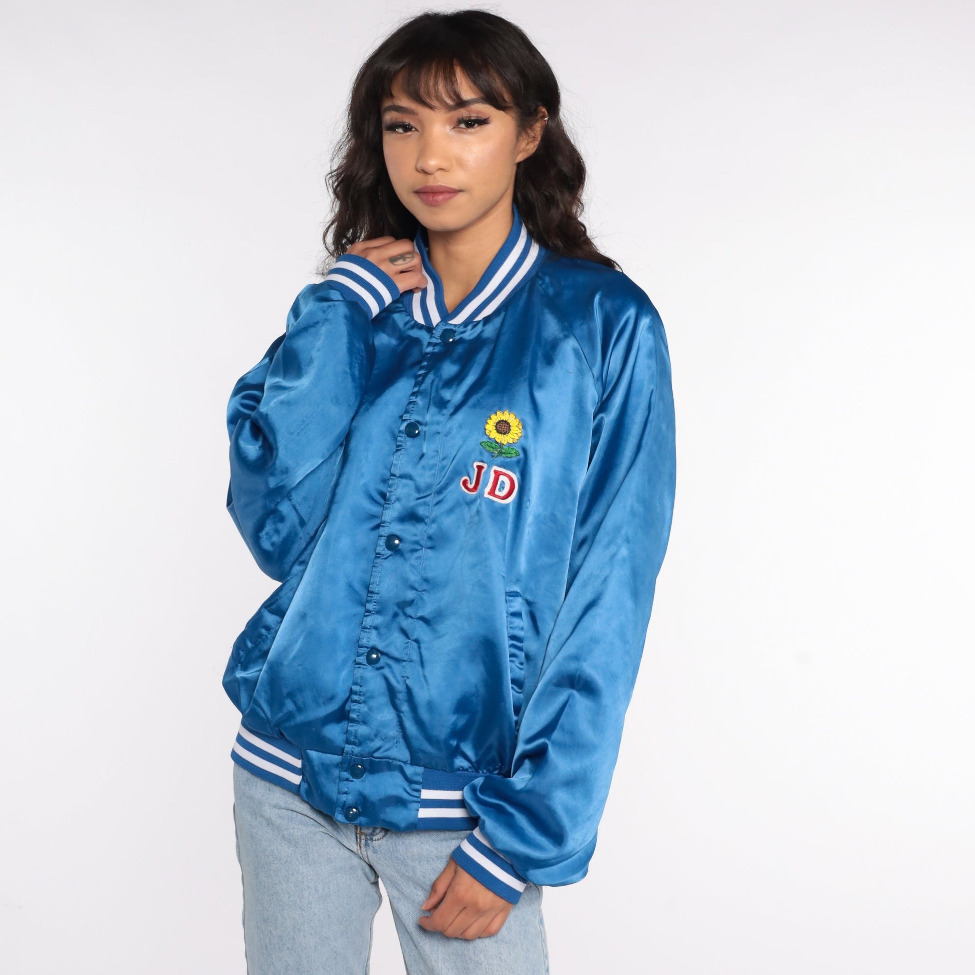80s Bird City Kansas Satin Bomber Jacket Blue Snap Centennial XXL