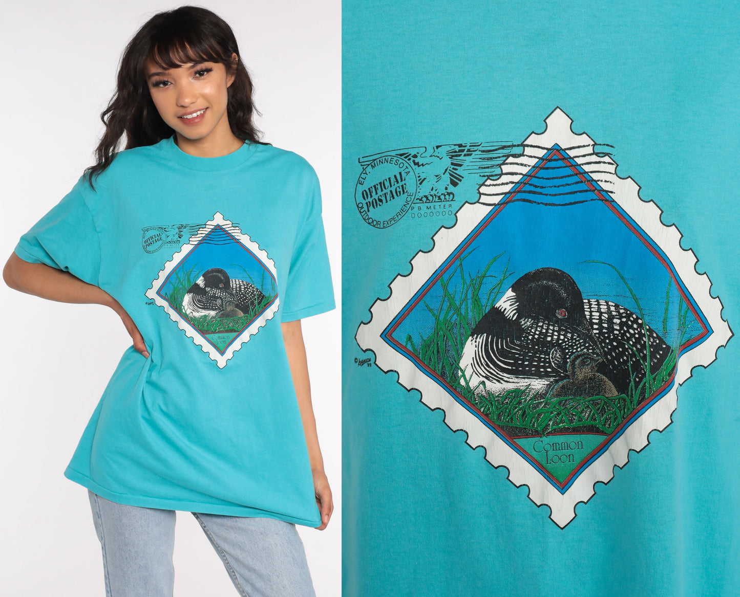 80s Common Loon Postage Stamp Graphic T-Shirt Bird Print Large