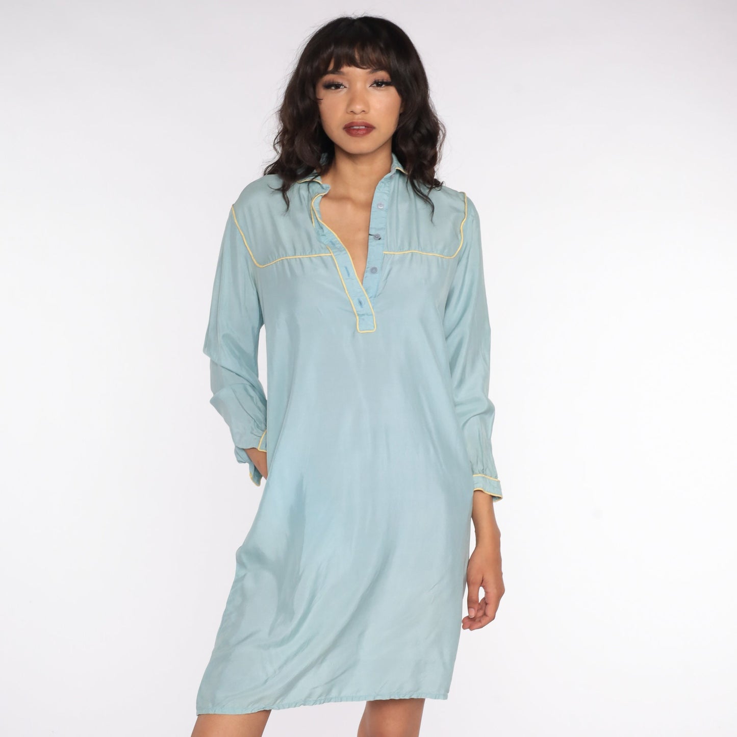 70s Blue Silk Mini Dress Peter Pan Collar Shift Long Sleeve Small