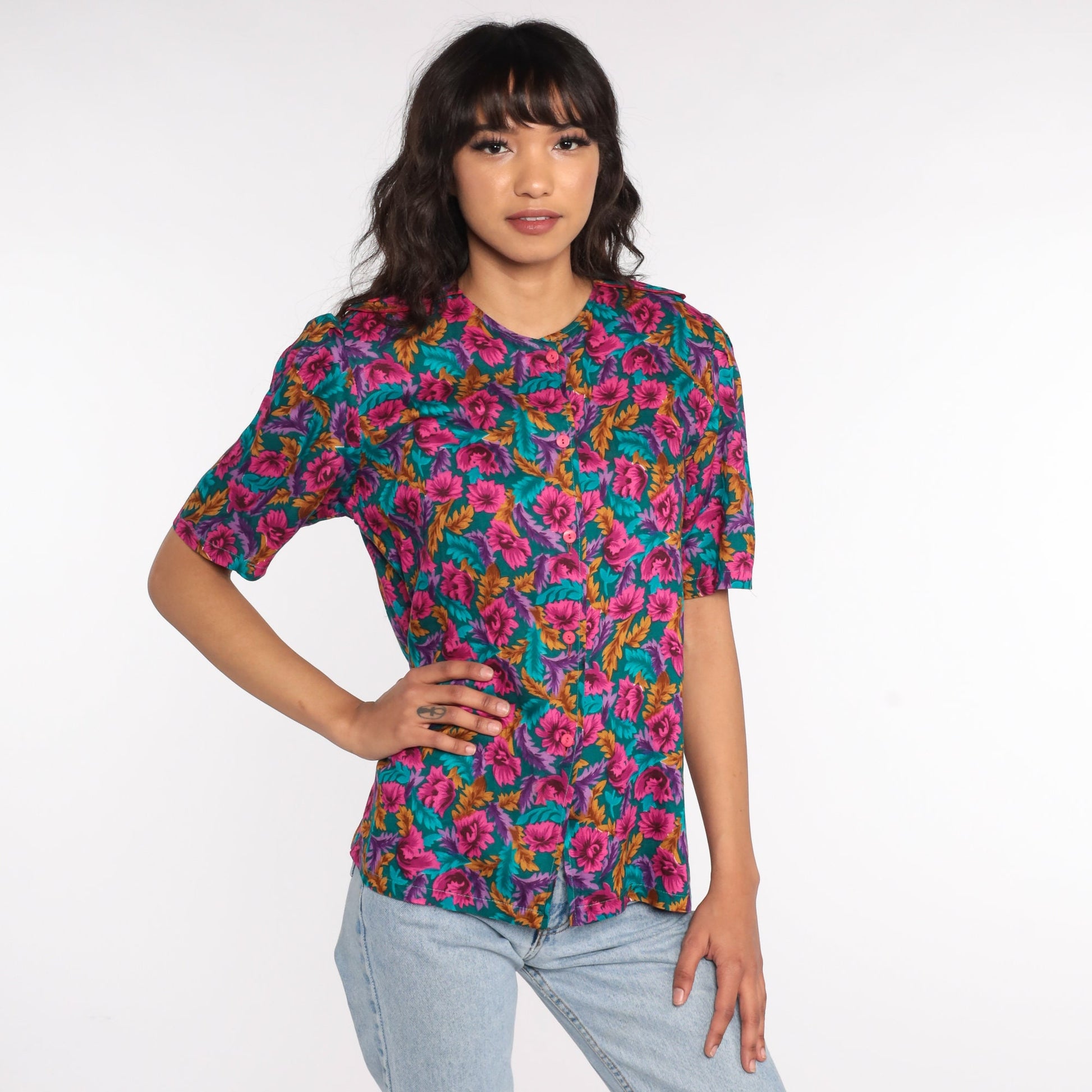 80s Floral Puff Sleeve Button-Up Blouse Turquoise Pink Medium