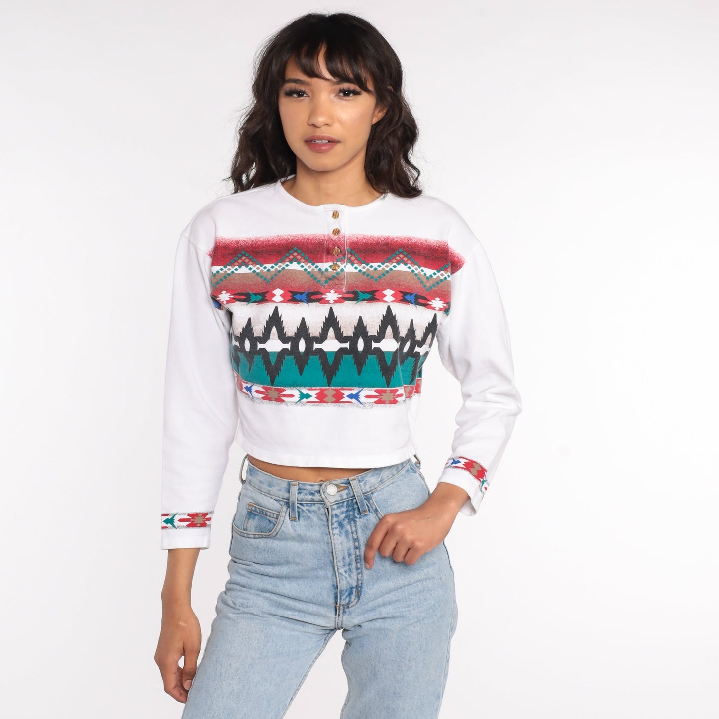 80s Southwestern Geometric Crop Top Striped Long Sleeve Cotton Medium