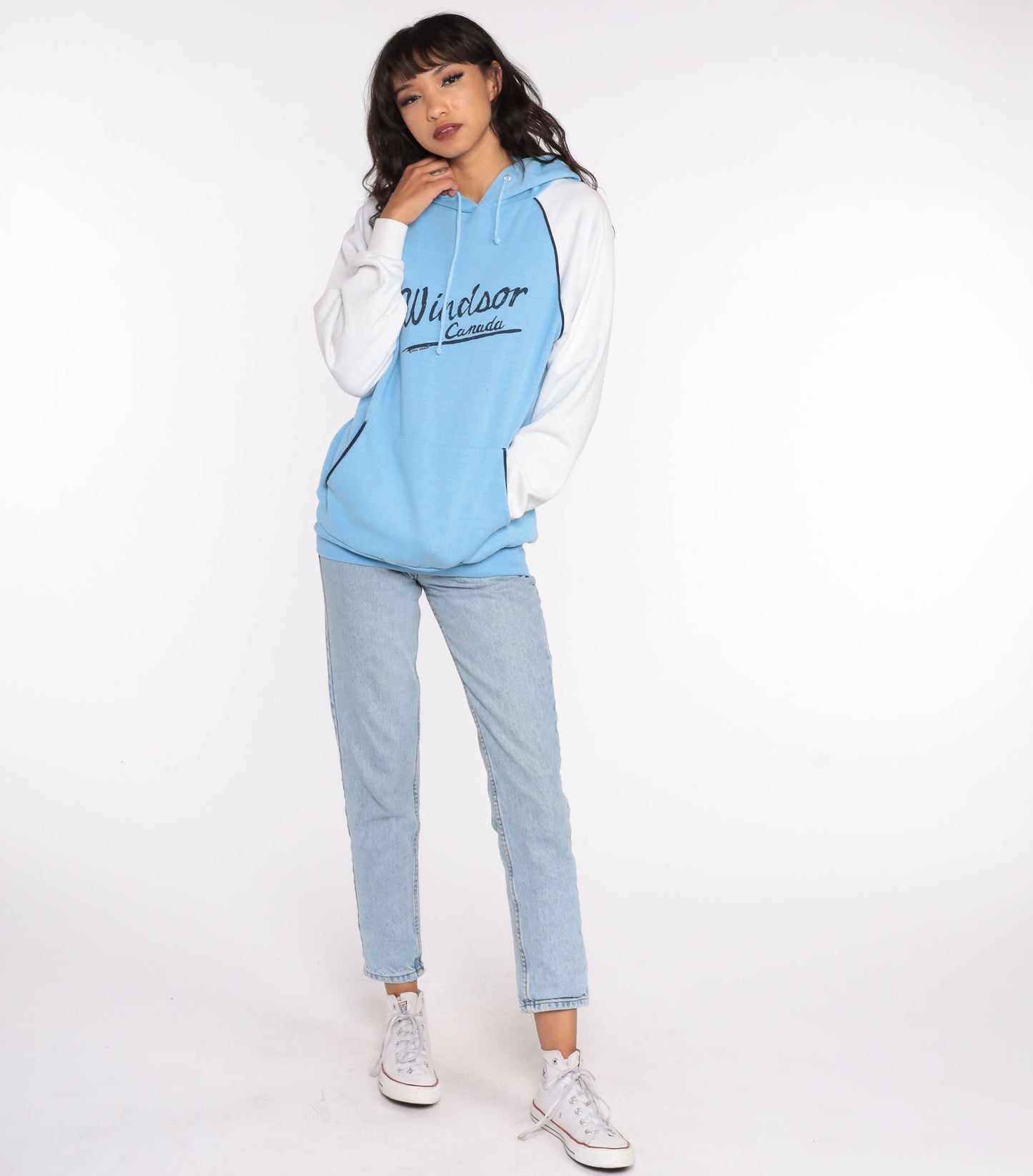80s Windsor Ontario Canada Hoodie Sweatshirt Baby Blue Graphic Small