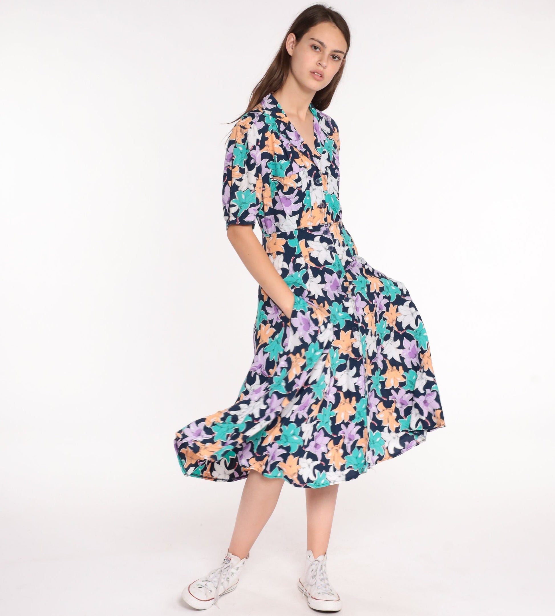80s Floral Midi Dress Button-Up High Waist Short Sleeve Blue Small