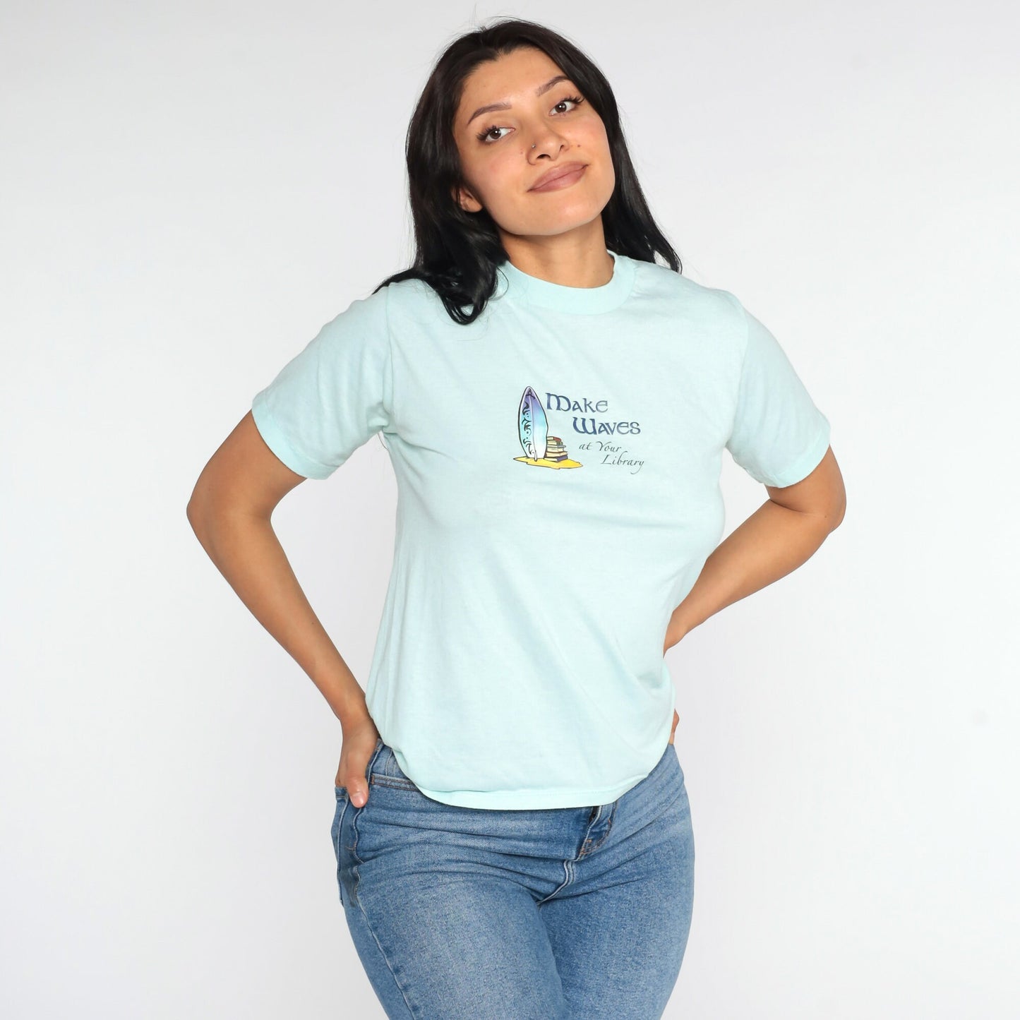 80s Make Waves at Your Library Graphic Tee Aqua Blue Iron On Small