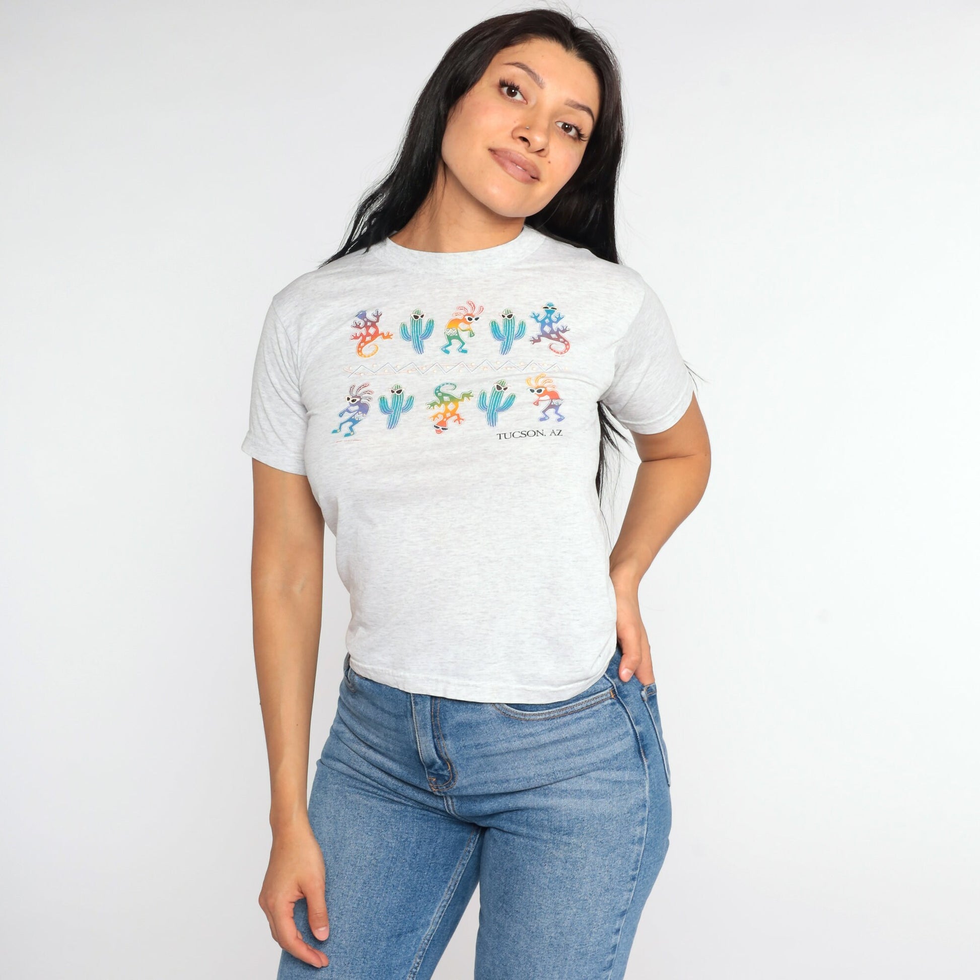 90s Tucson Arizona Kokopelli Saguaro Cactus Graphic Tee Grey Extra Small