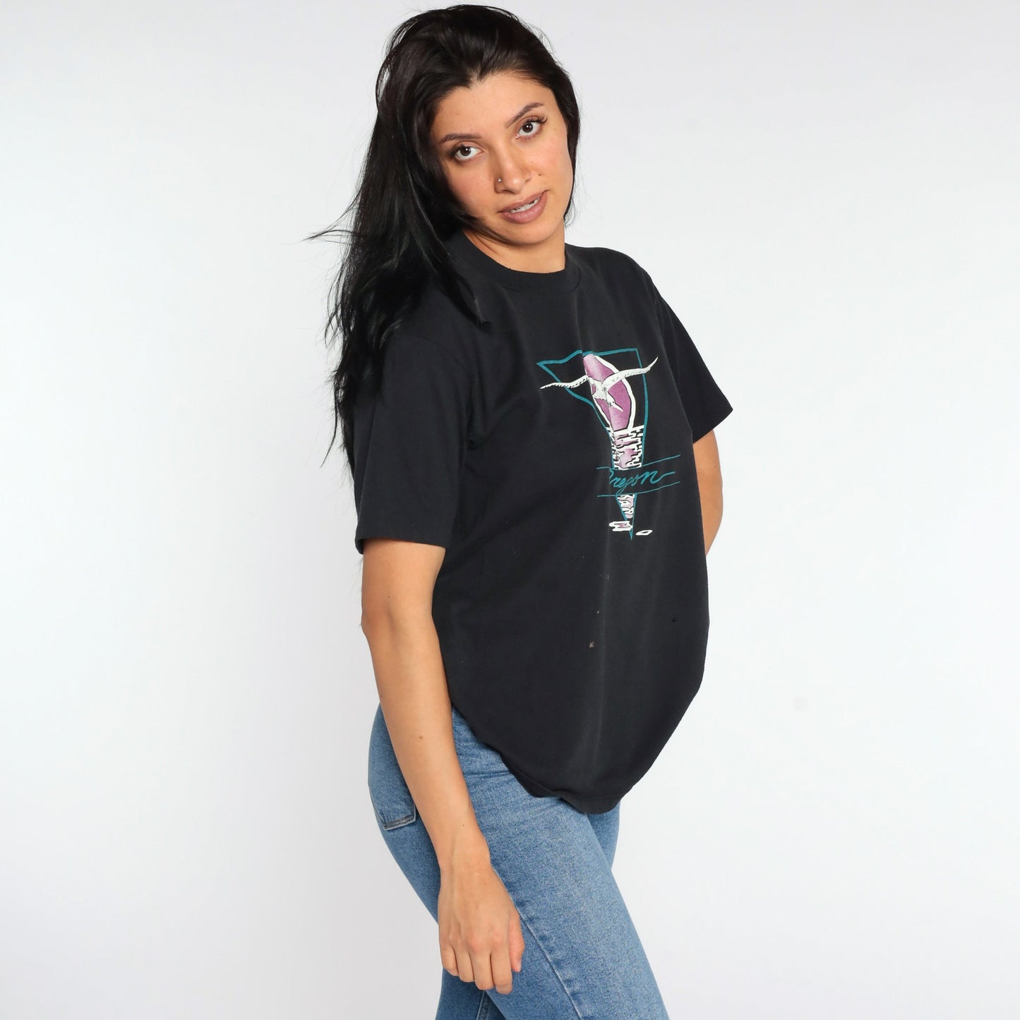 80s Oregon Seagull Graphic T-Shirt Jerzees Black Tee Medium