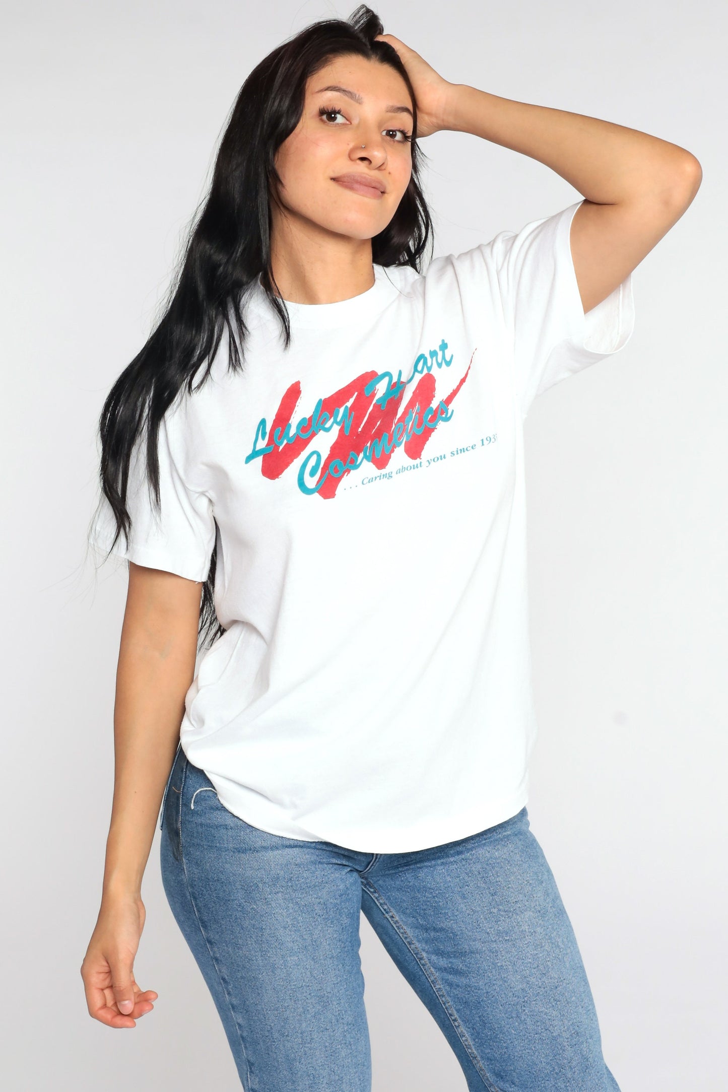 Lucky Heart Cosmetics Graphic T-Shirt Single Stitch White Vintage Tee Large
