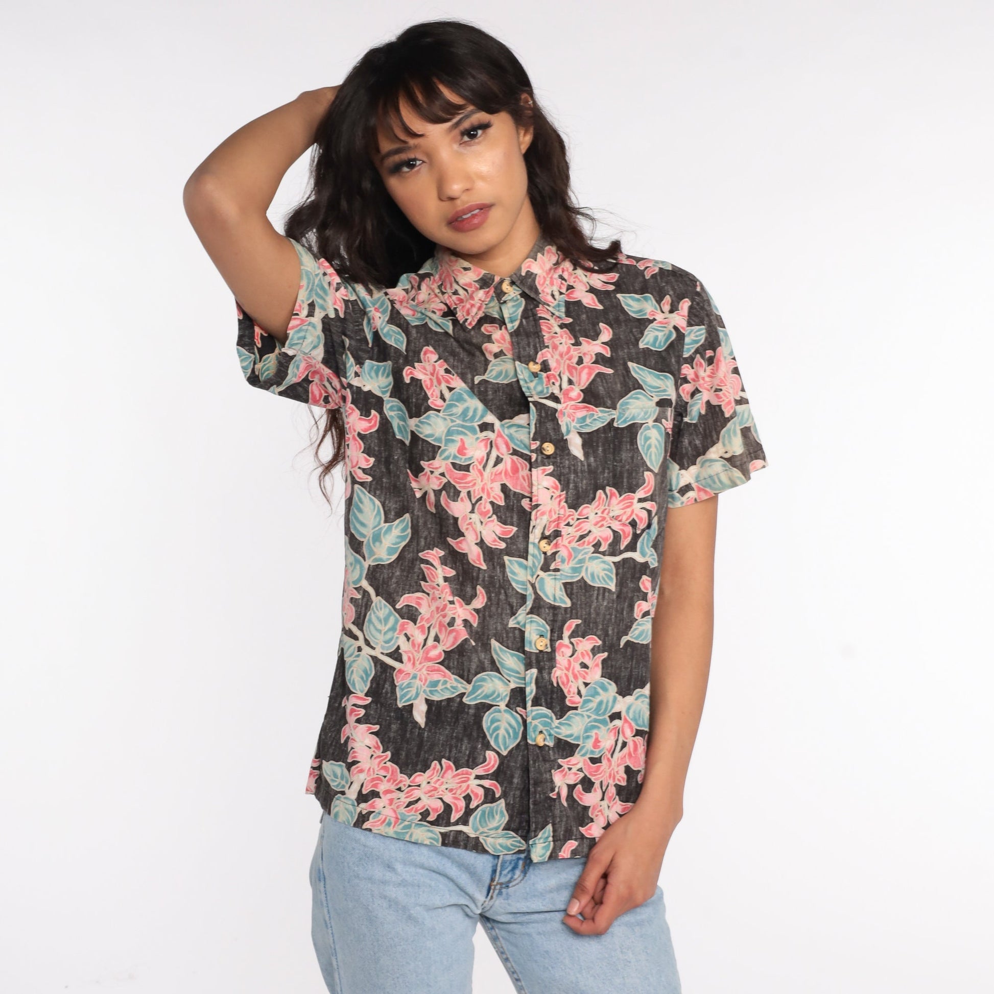 80s Cooke Street Hawaiian Shirt Tropical Floral Black Button Up Small