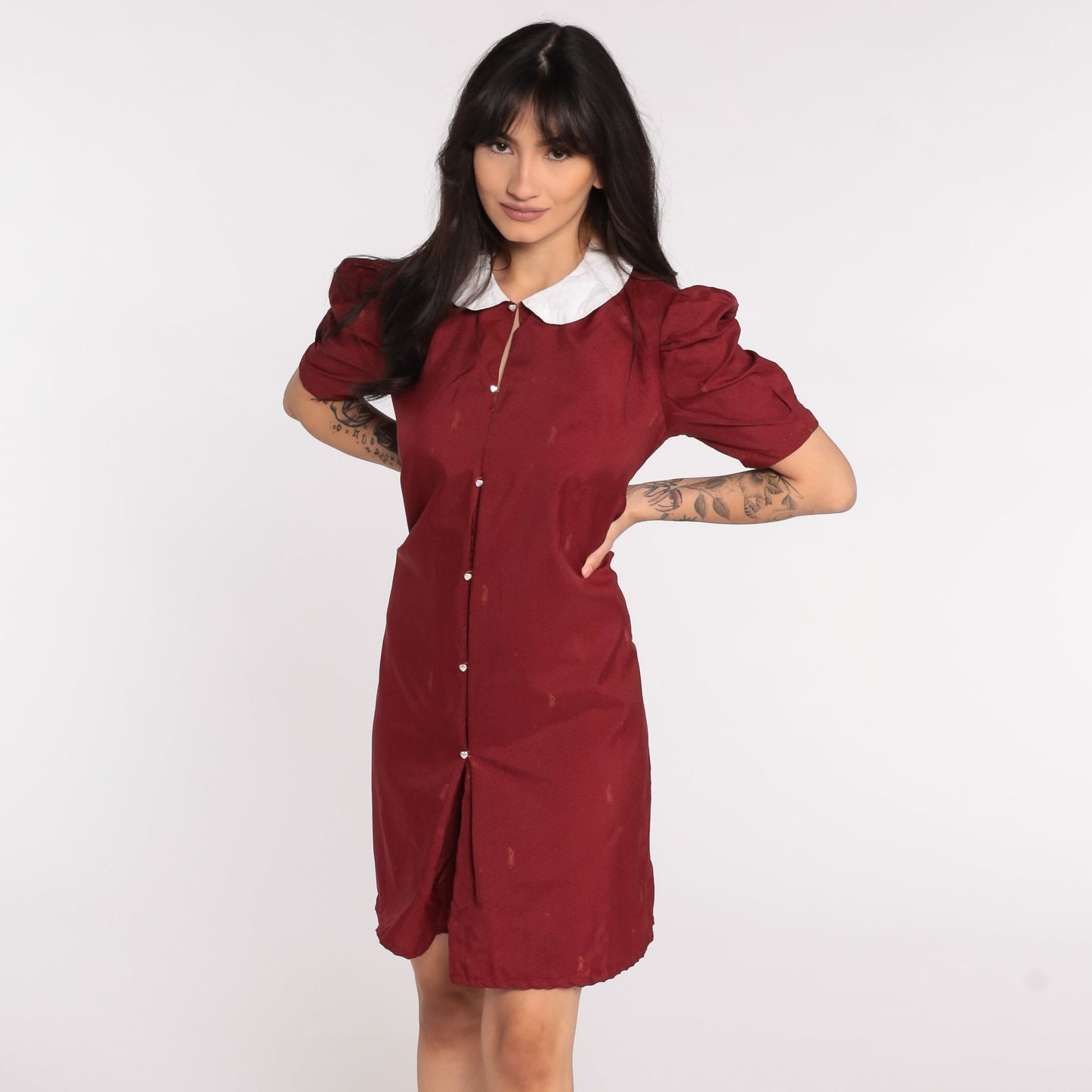 70s Novelty Print Shift Dress Dapper Man Peter Pan Collar Puff Sleeve Mini Burgundy Medium