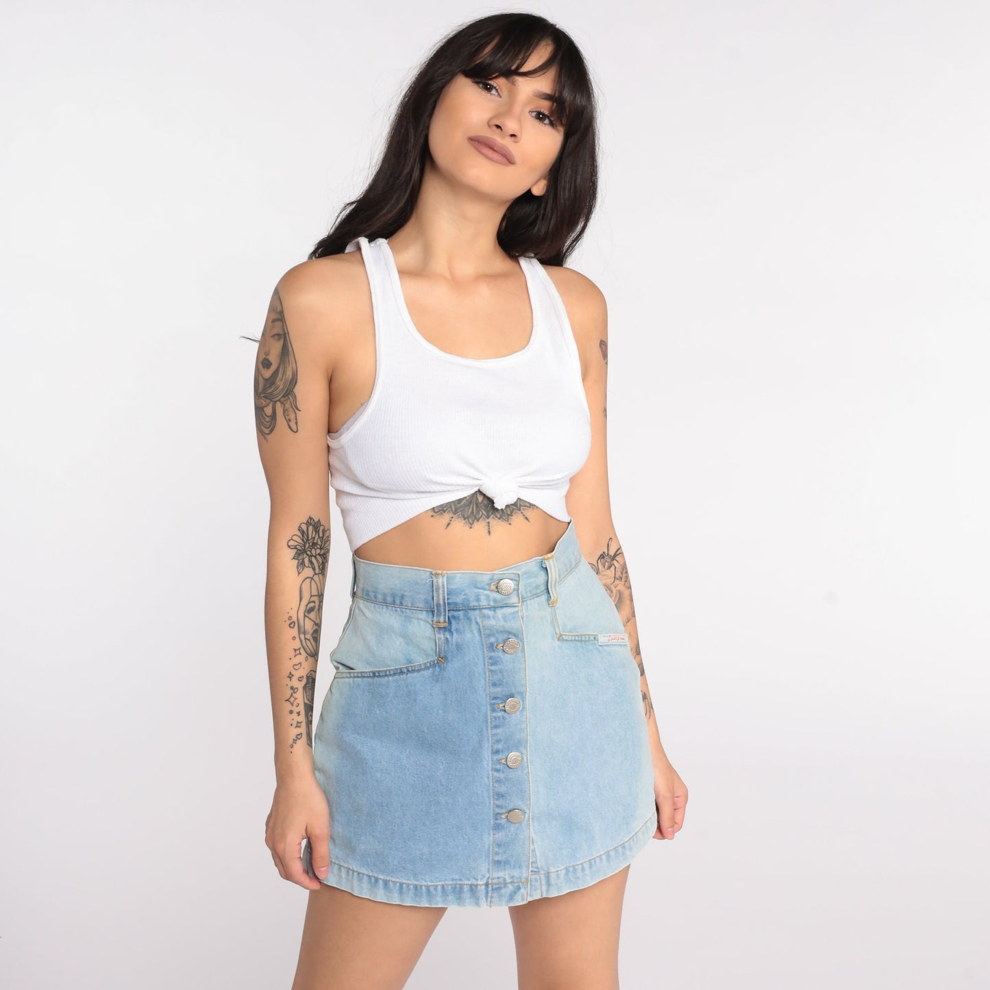 90s Squeeze Jeans Blue Denim Skort High Waisted Button Up Extra Small
