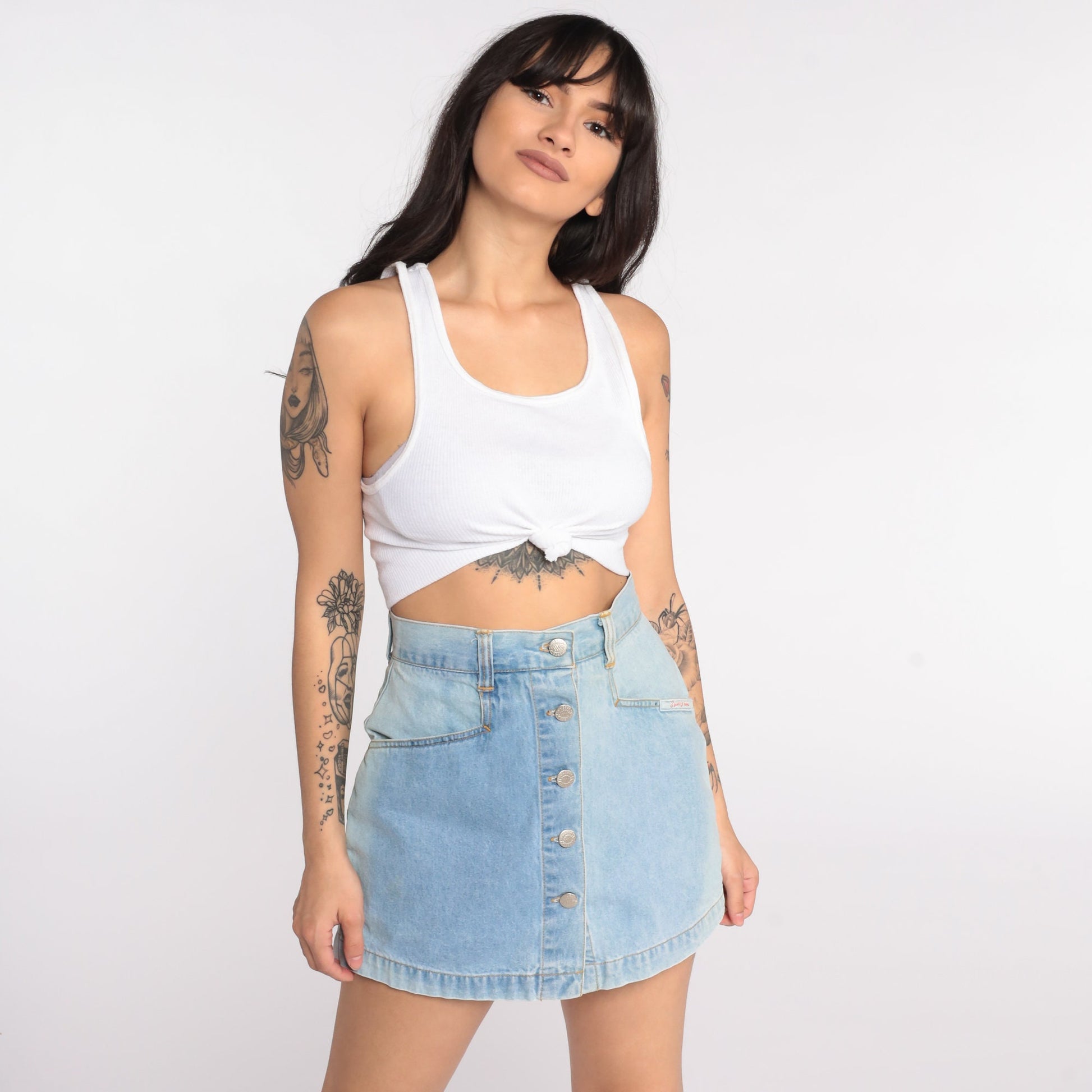 90s Squeeze Jeans Blue Denim Skort High Waisted Button Up Extra Small