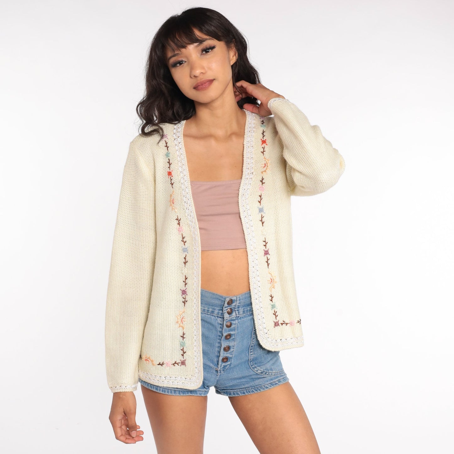 70s Floral Embroidered Cardigan Cream Knit Sweater Small Medium