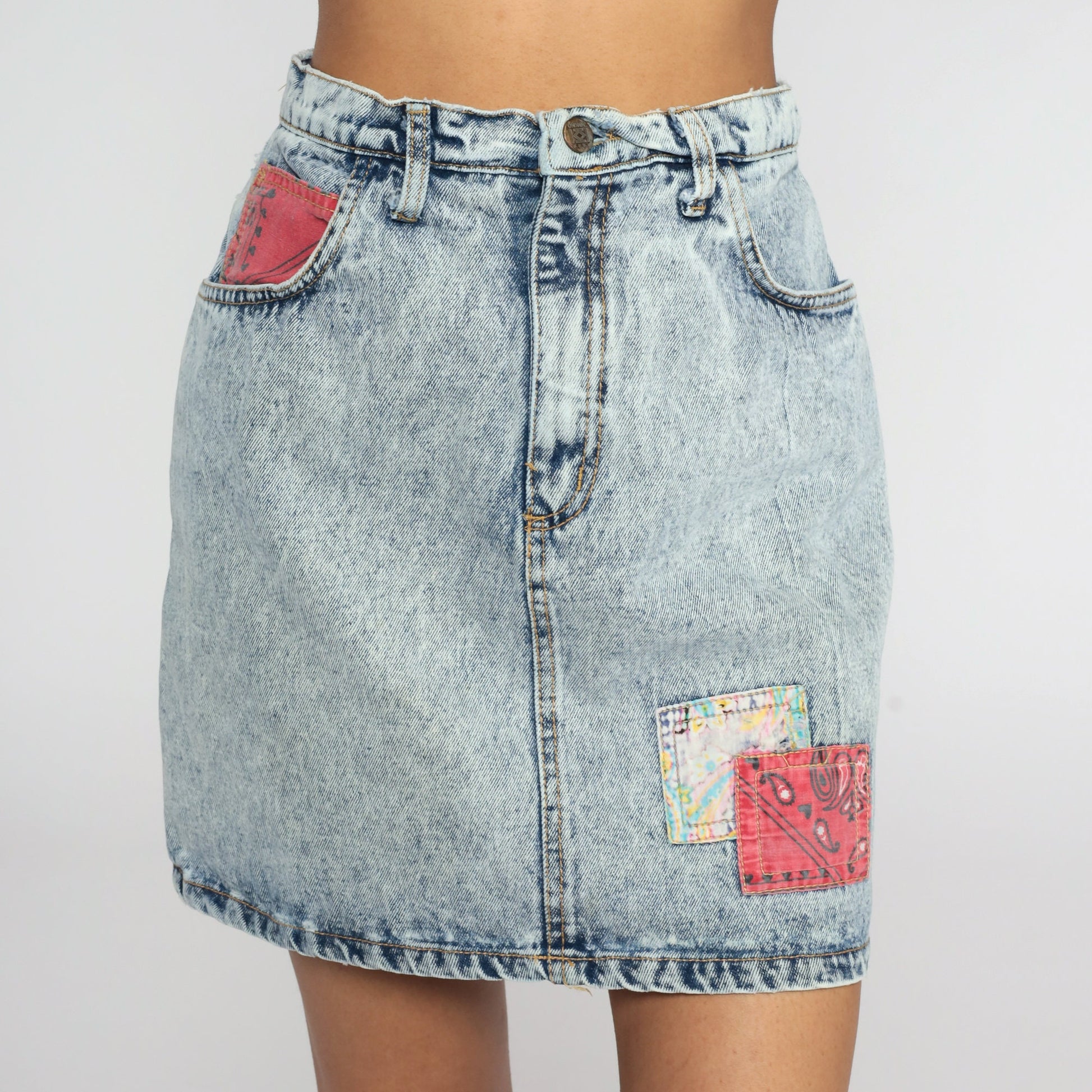90s Acid Wash Denim Mini Skirt High Waisted Jean Skirt Blue Small S