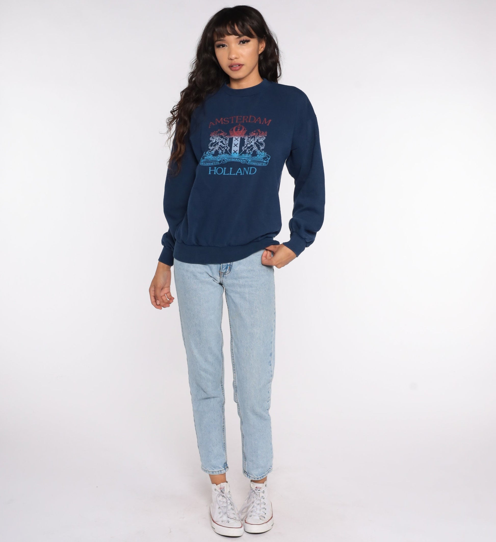 80s Amsterdam Holland Crest Sweatshirt Blue Graphic Crewneck Medium