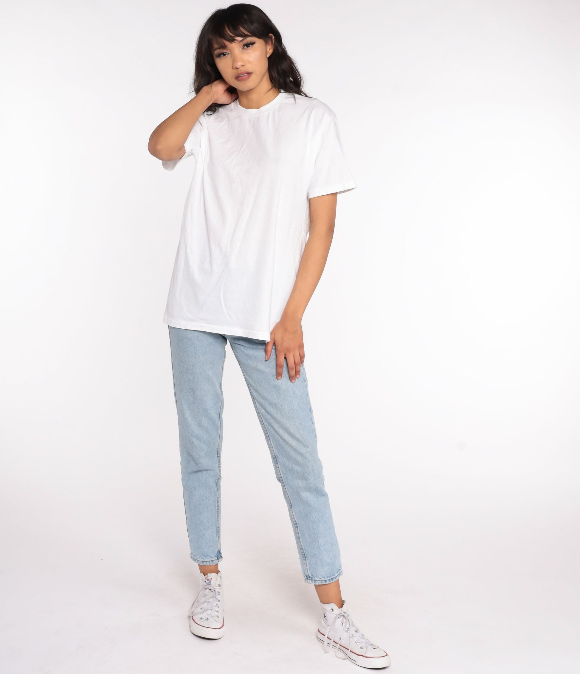 80s Plain White Cotton T-Shirt Single Stitch Crewneck Medium Large