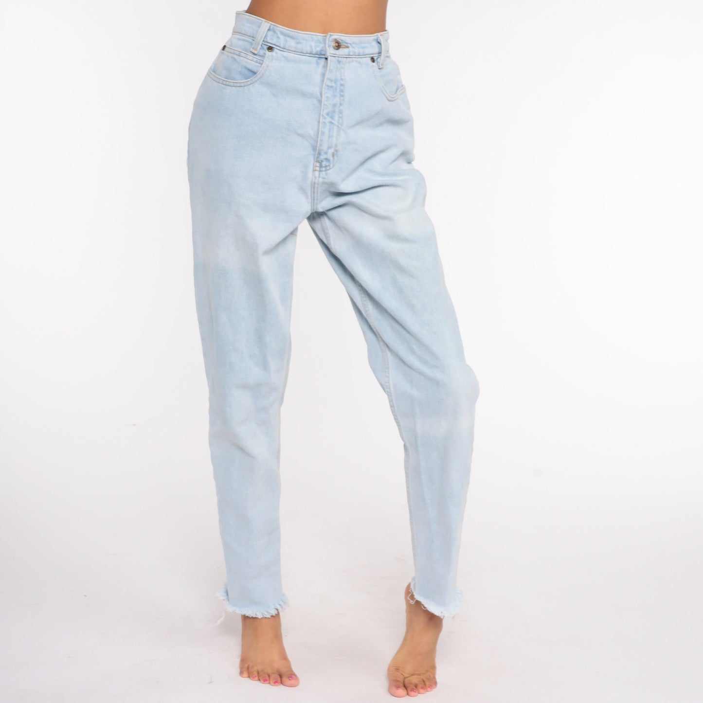 90s High Waisted Blue Denim Jeans Tapered Ankle Raw Hem Small 27