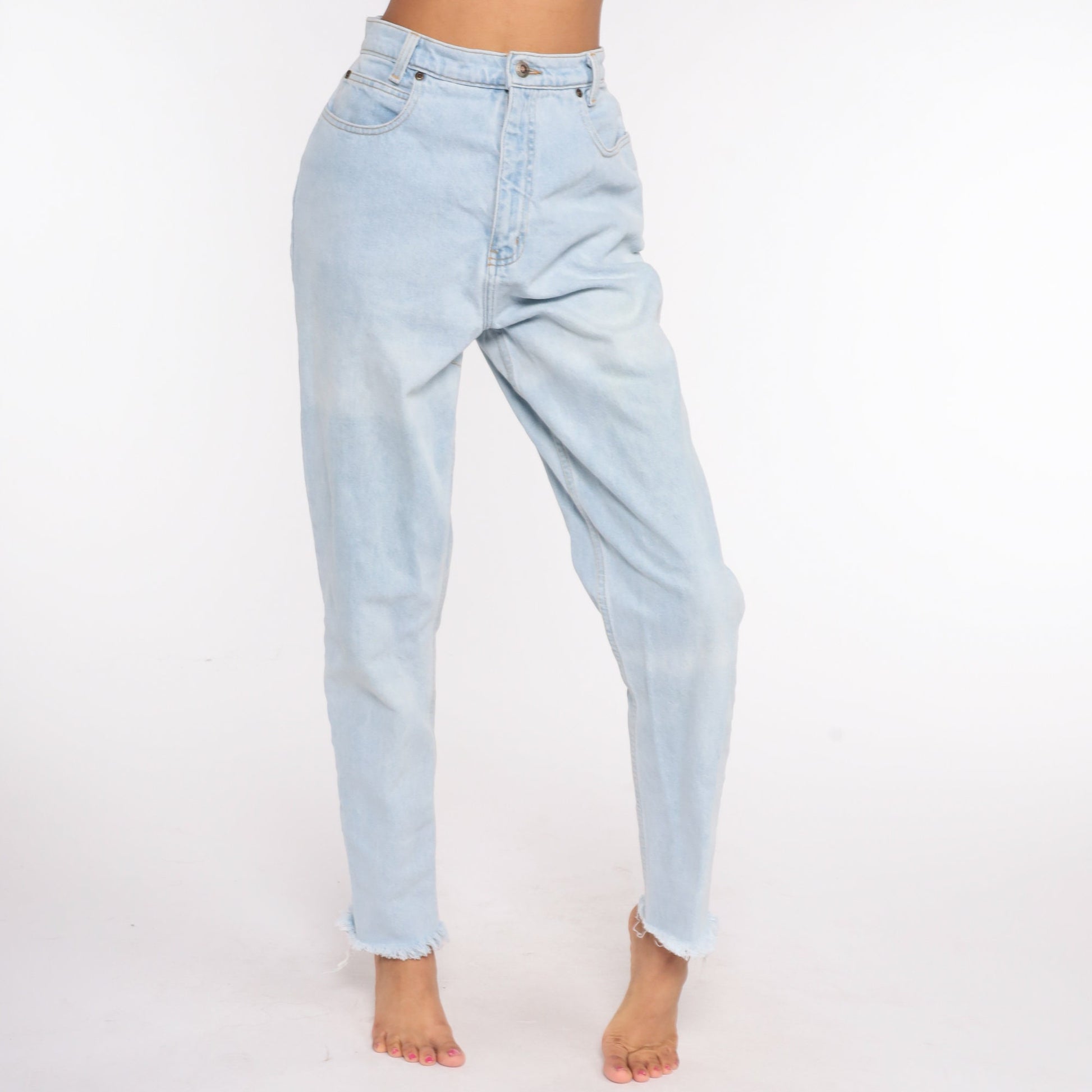 90s High Waisted Blue Denim Jeans Tapered Ankle Raw Hem Small 27