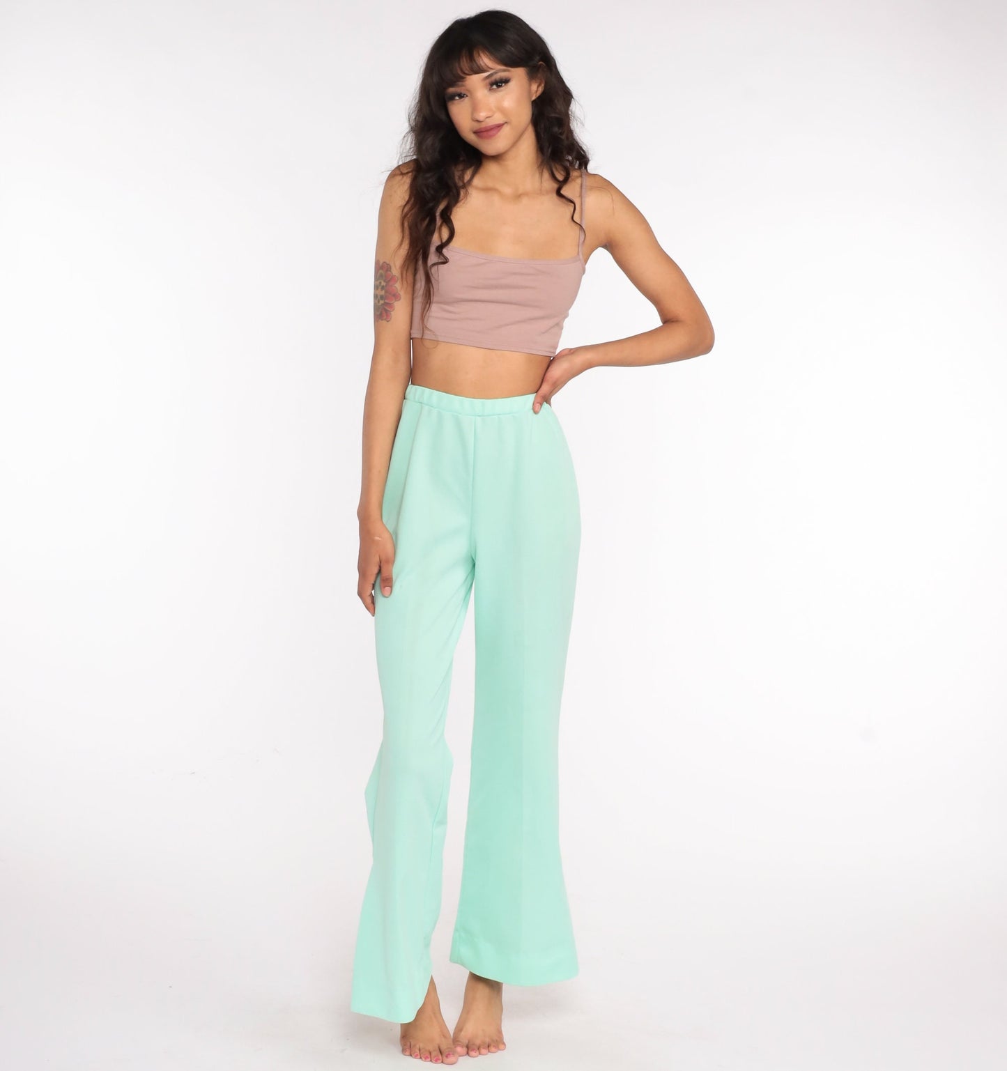 70s Mint Green Floral Bell Bottom Trousers High Waist Small