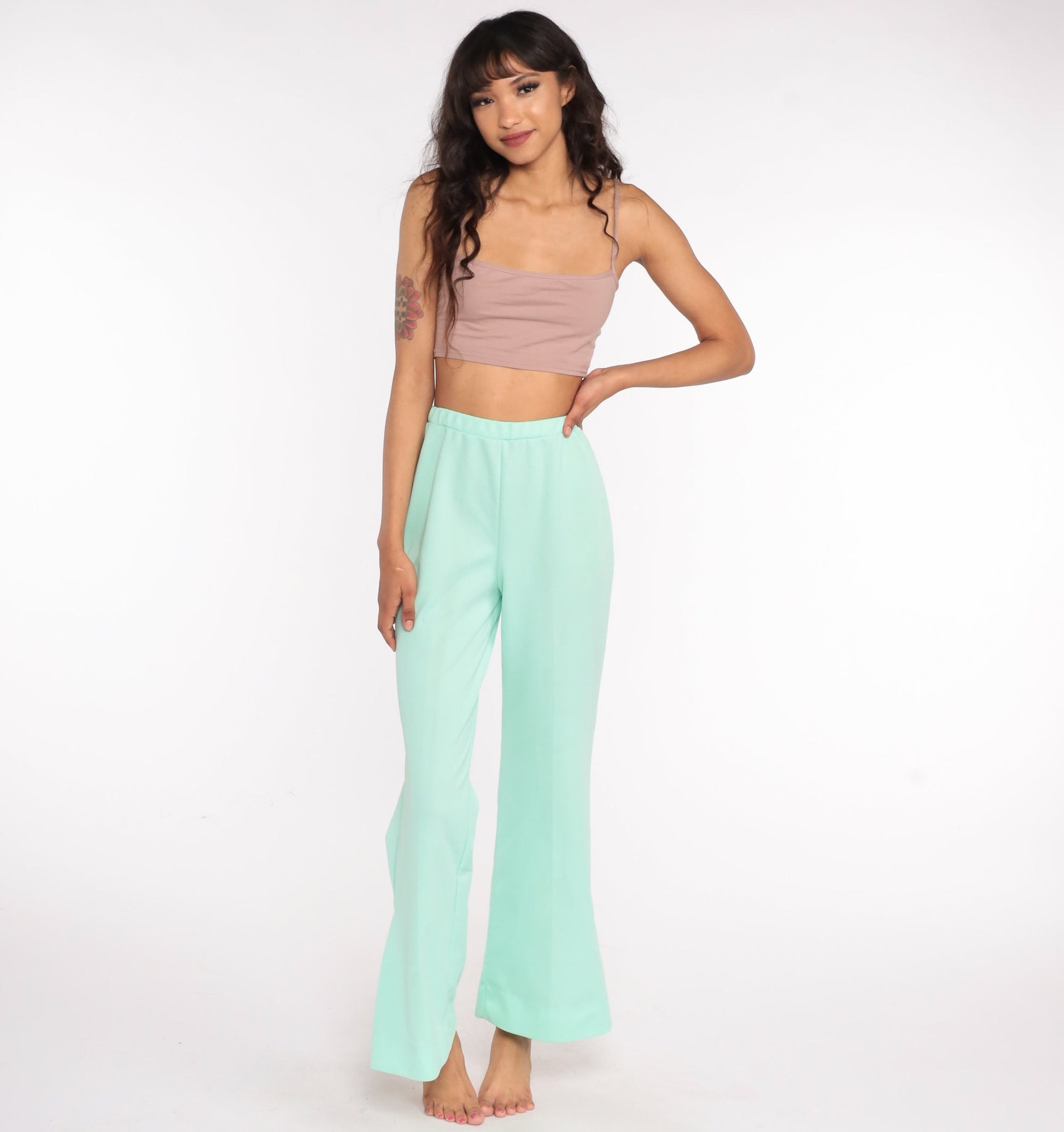 70s Mint Green Floral Bell Bottom Trousers High Waist Small