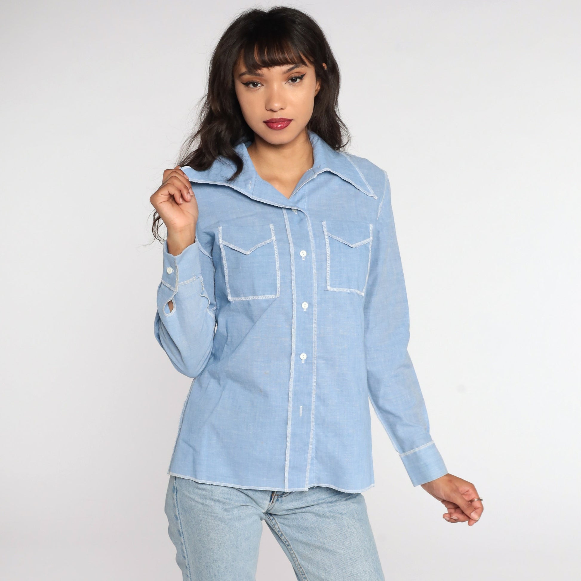70s Blue Chambray Cotton Button-Up Shirt Long Sleeve Medium