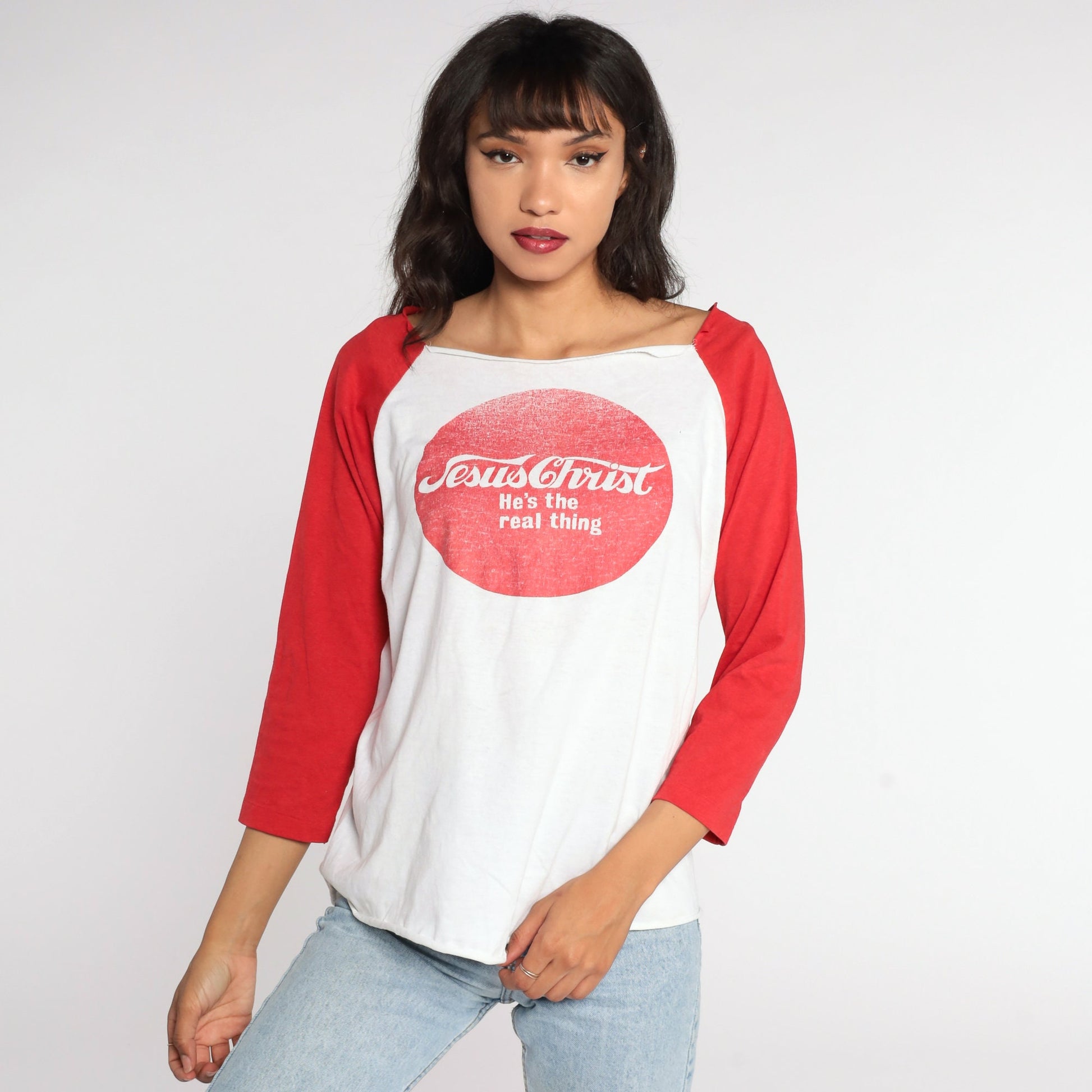 80s Jesus Christ He's The Real Thing Raglan T-Shirt Cotton Medium Large