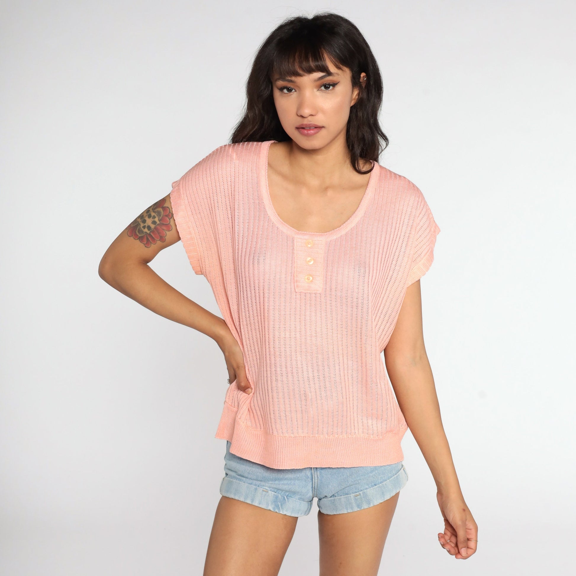 80s Peach Knit Sweater Top Short Sleeve Ribbed Slouchy Large
