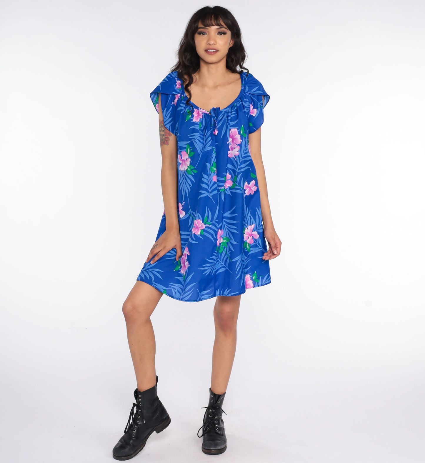 80s Hawaiian Floral Mini Dress Blue Puff Sleeve Shift Large