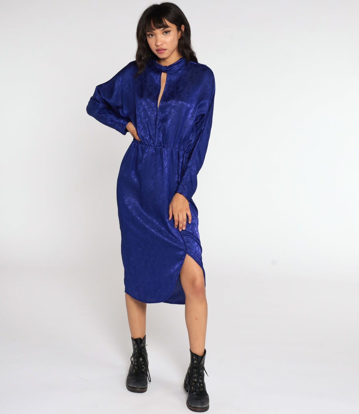 80s Purple Keyhole Midi Sheath Dress Long Sleeve Fitted Small Medium