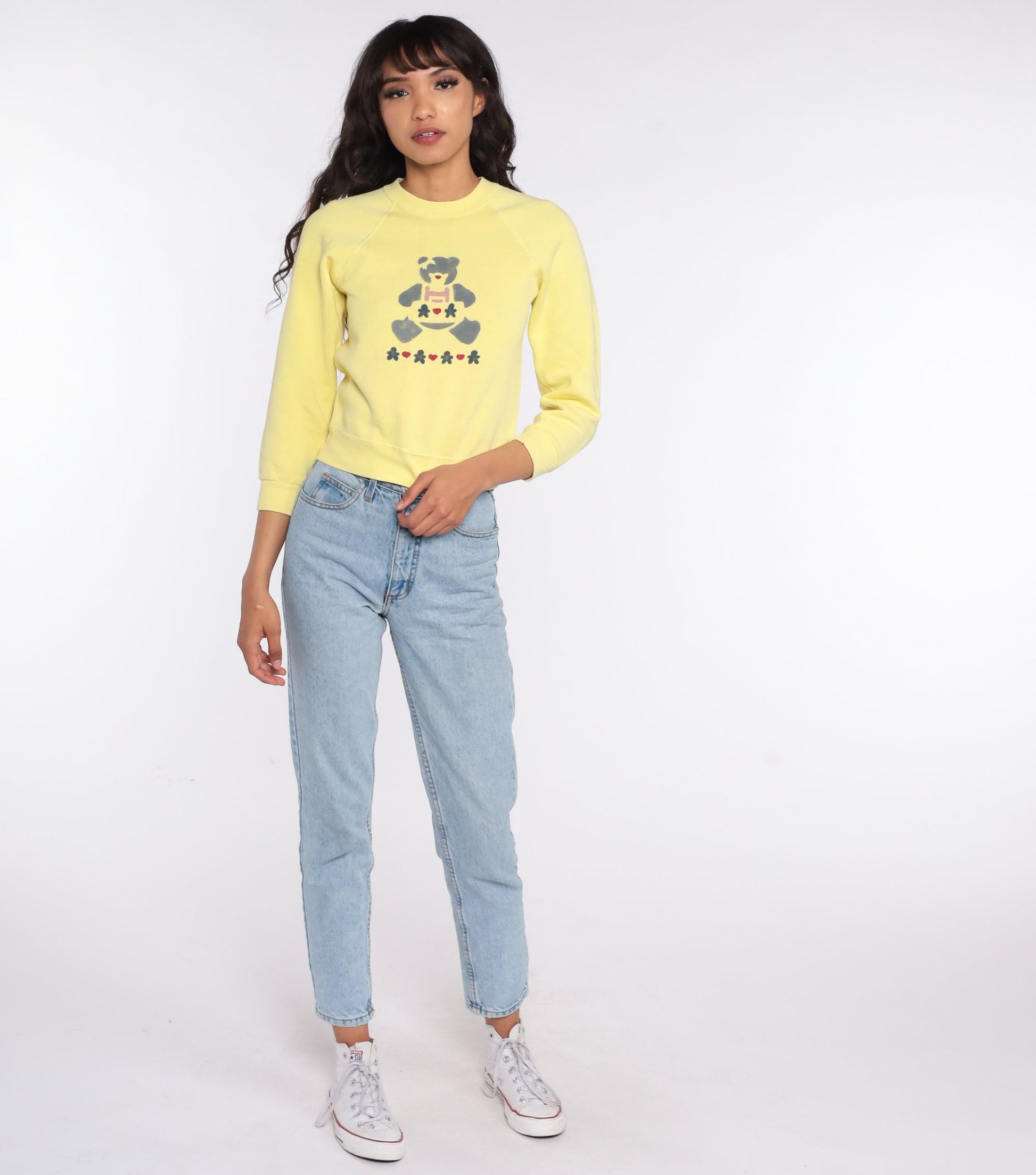 80s Teddy Bear Print Raglan Sweatshirt Yellow Graphic Crewneck XXS