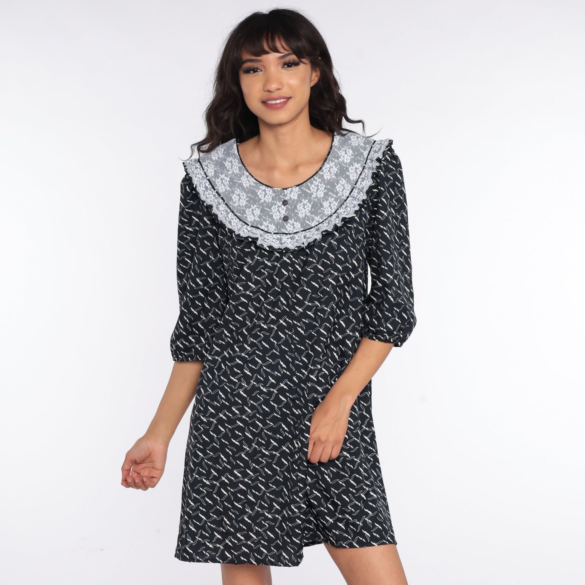 80s Black Geometric Lace Bib Mini Dress Tent Cut Small S