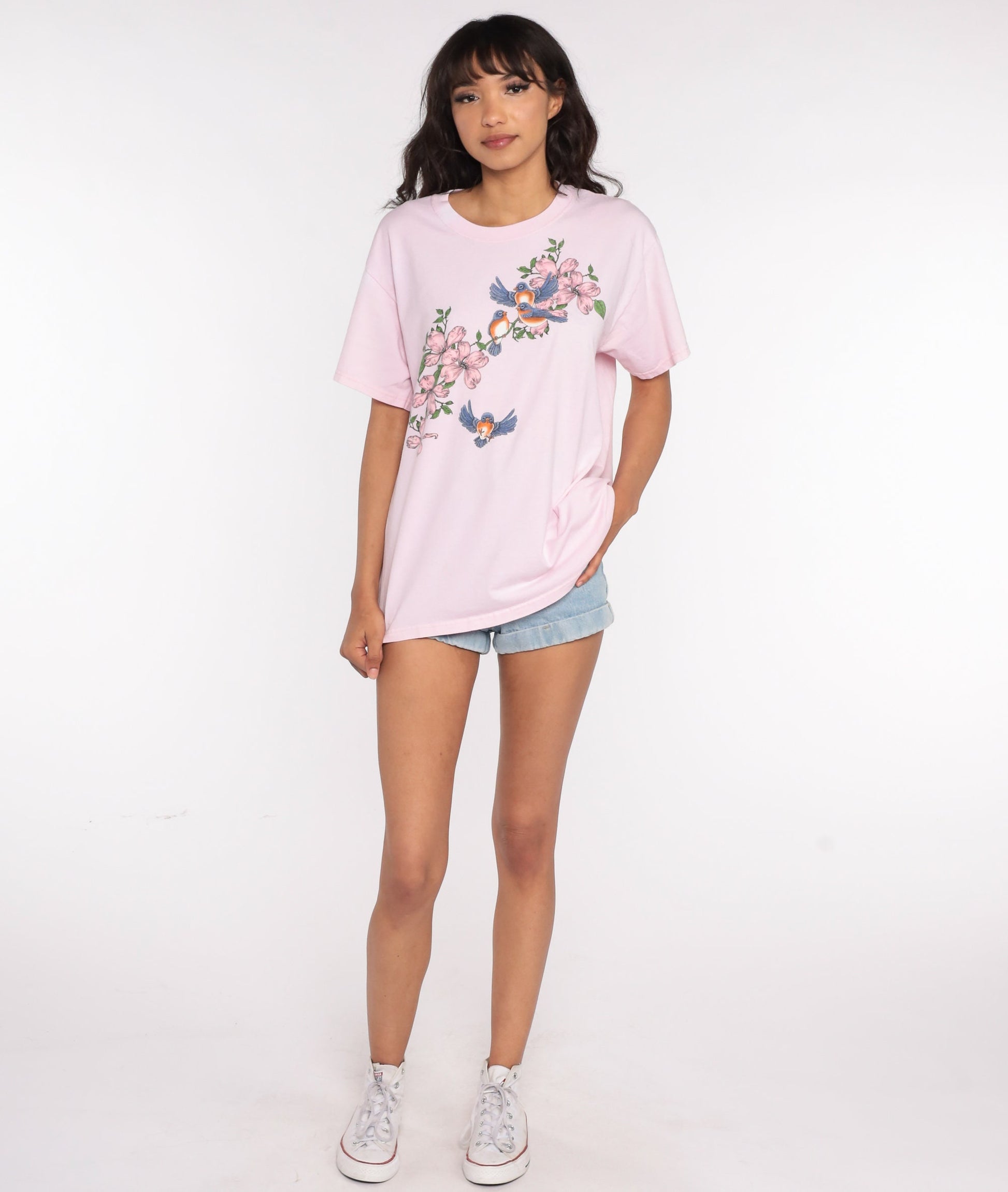 90s Bird Floral Graphic T-Shirt Pink Screen Print Vintage Large L
