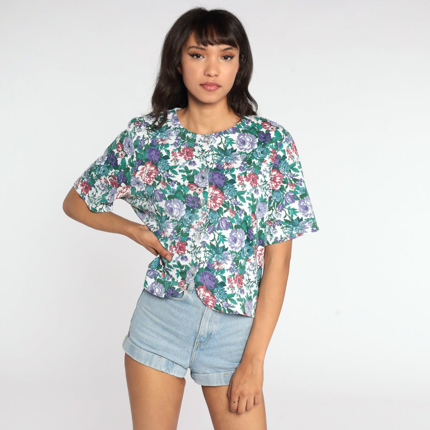 80s Floral Button-Up Blouse Short Sleeve Shirt Cotton Blend Large L
