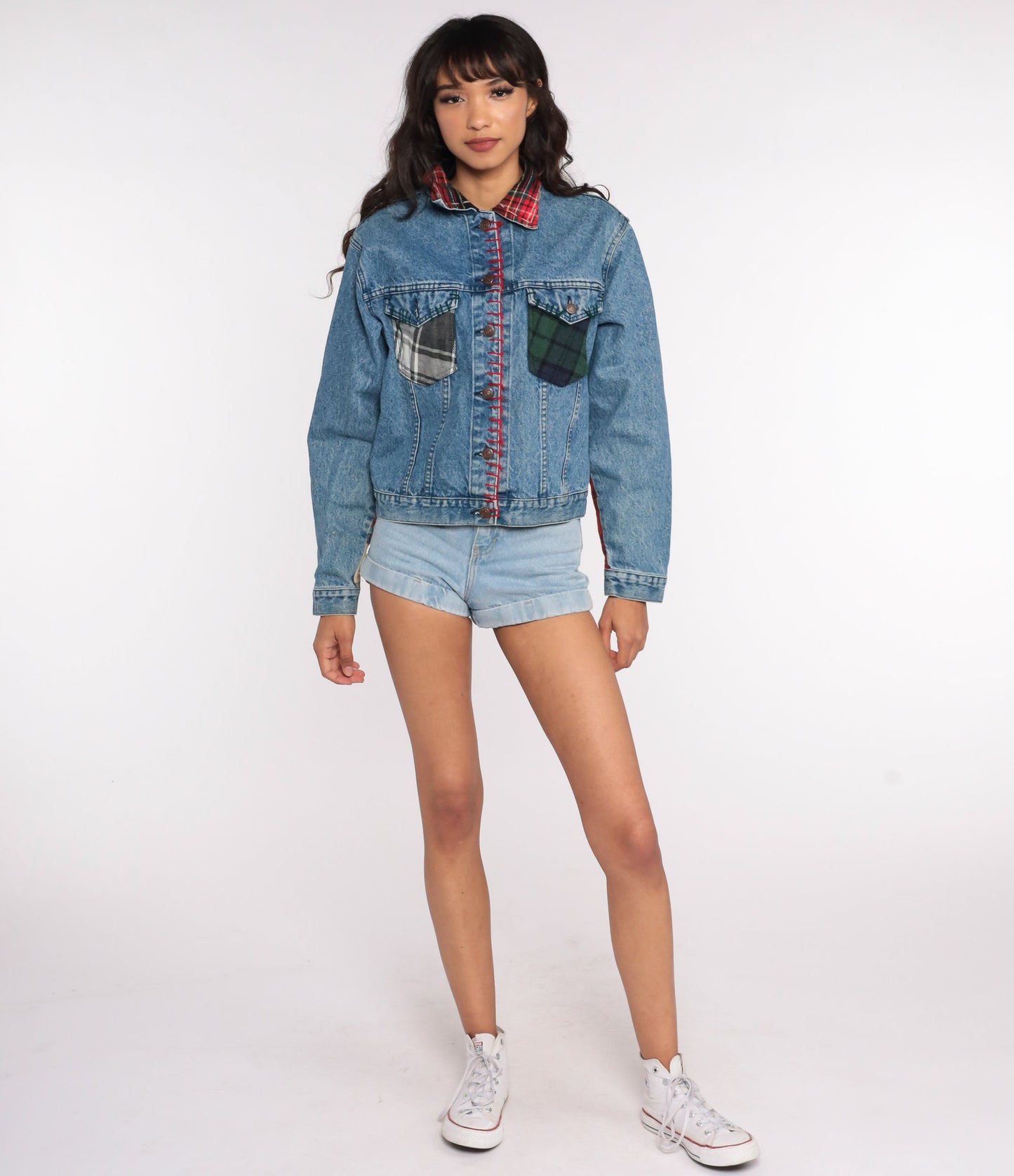 80s Jordache Denim Jacket Patchwork Plaid Blue Jean Coat Medium