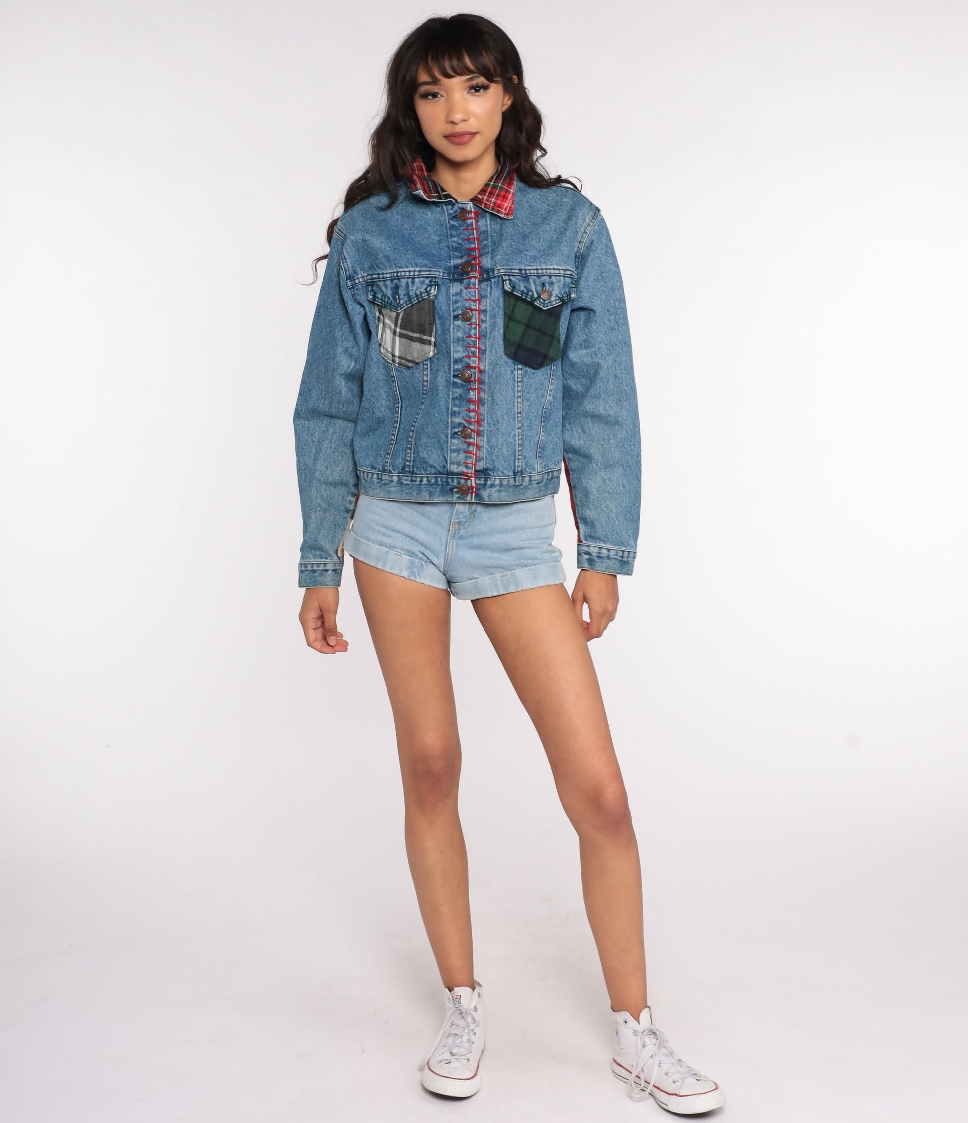 80s Jordache Denim Jacket Patchwork Plaid Blue Jean Coat Medium