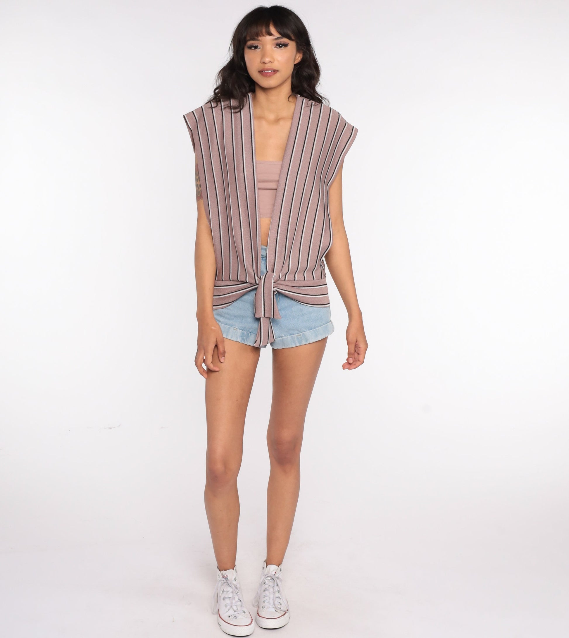 70s Taupe Striped Knit Tank Top Deep V Neck Sleeveless Plunge Small Medium Large