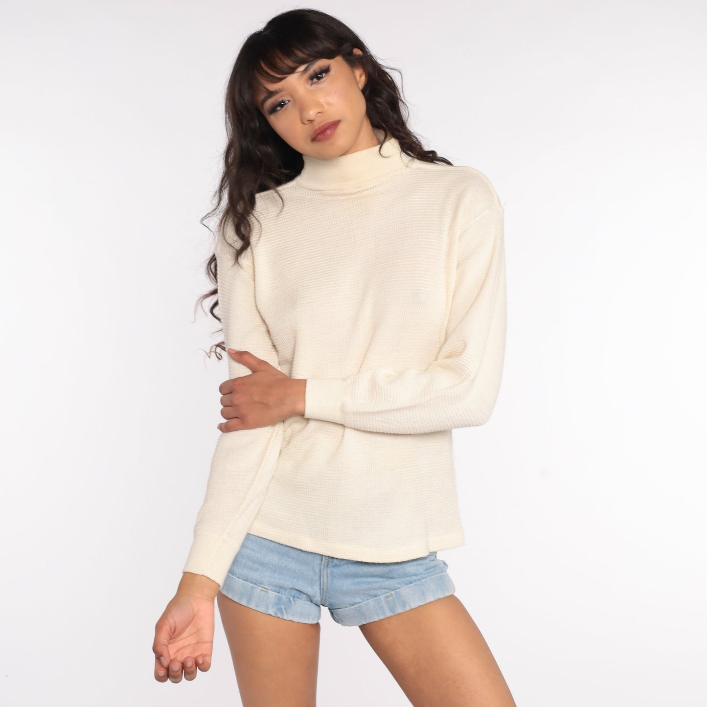 80s Cream Thermal Waffle Knit Long Sleeve Shirt Medium Large