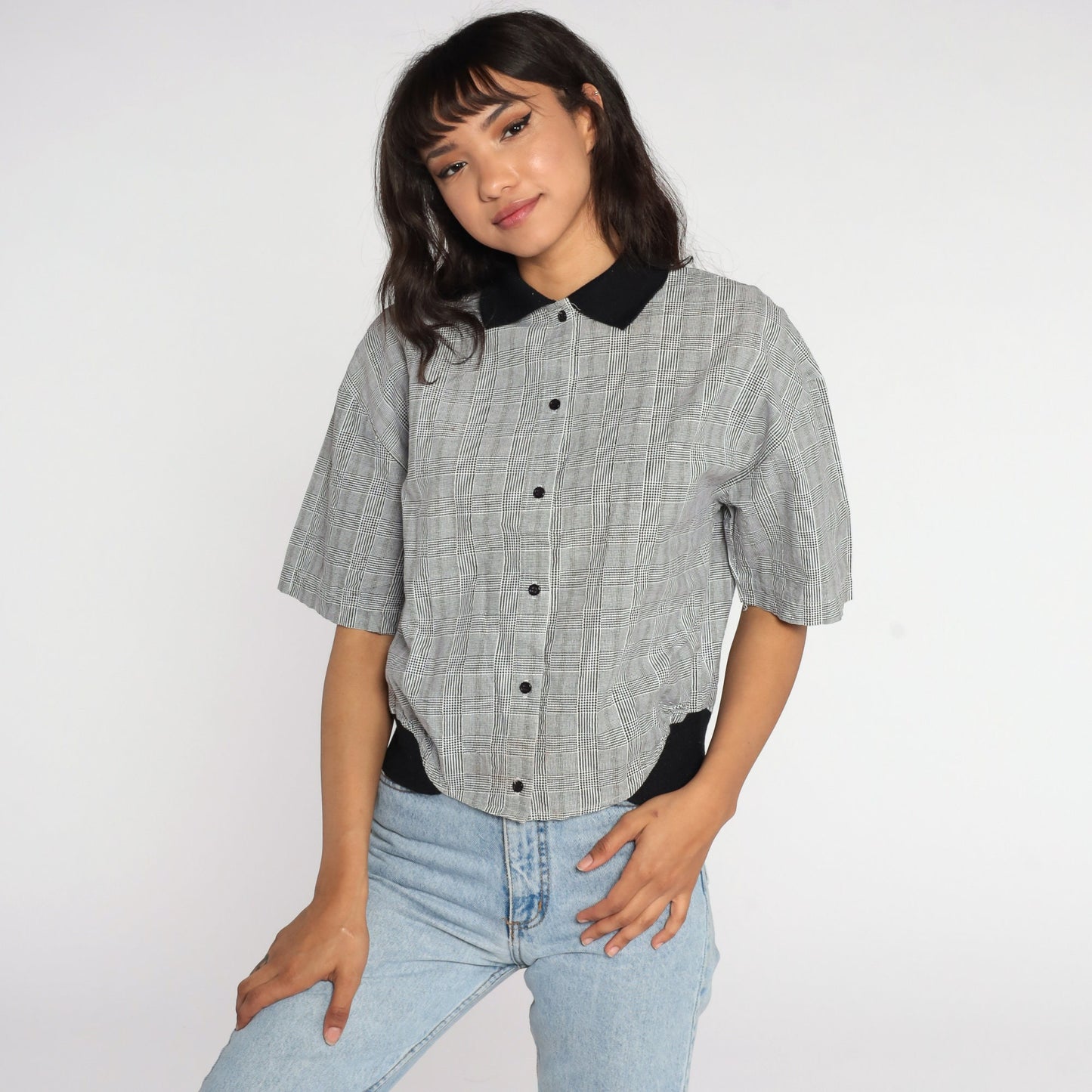 90s Black White Checkered Button-Up Shirt Cotton Short Sleeve Small